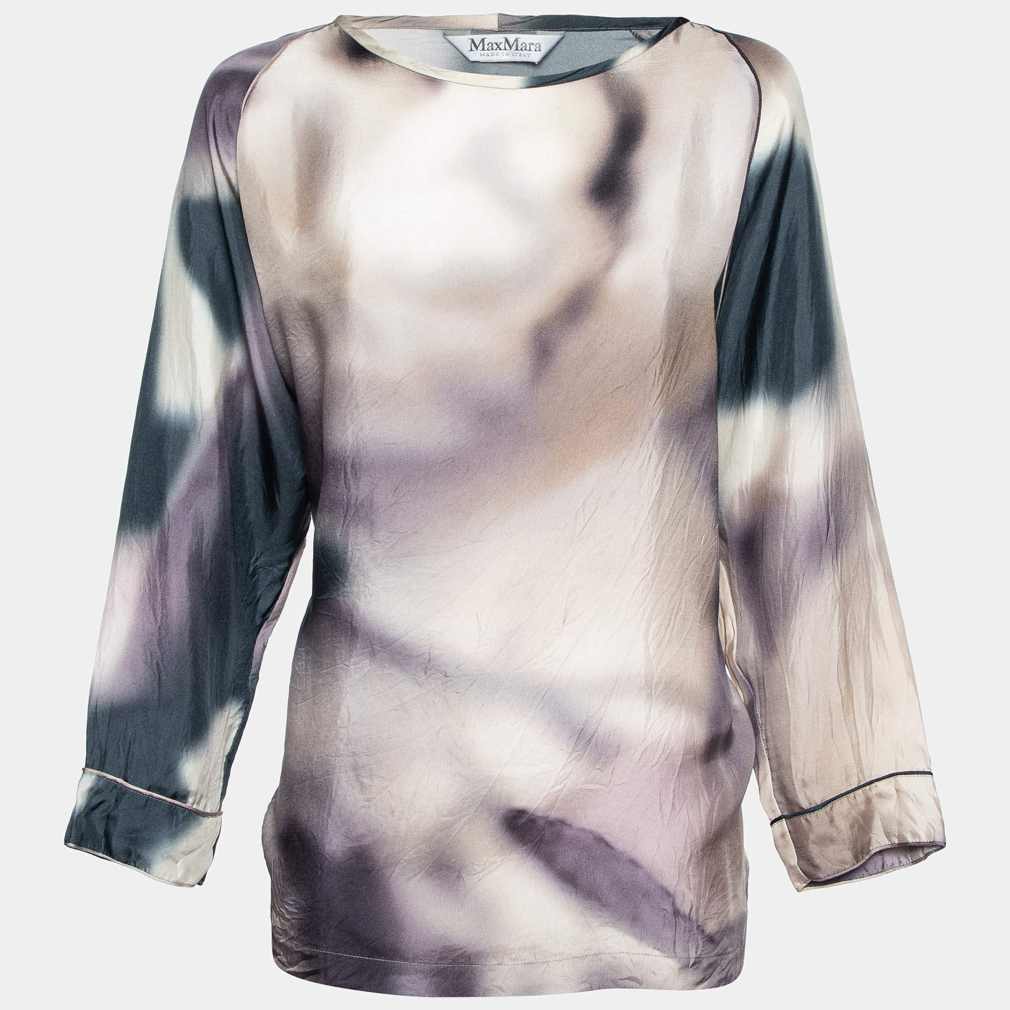 Pre Owned Max Mara Purple Watercolor Print Silk Blouse M