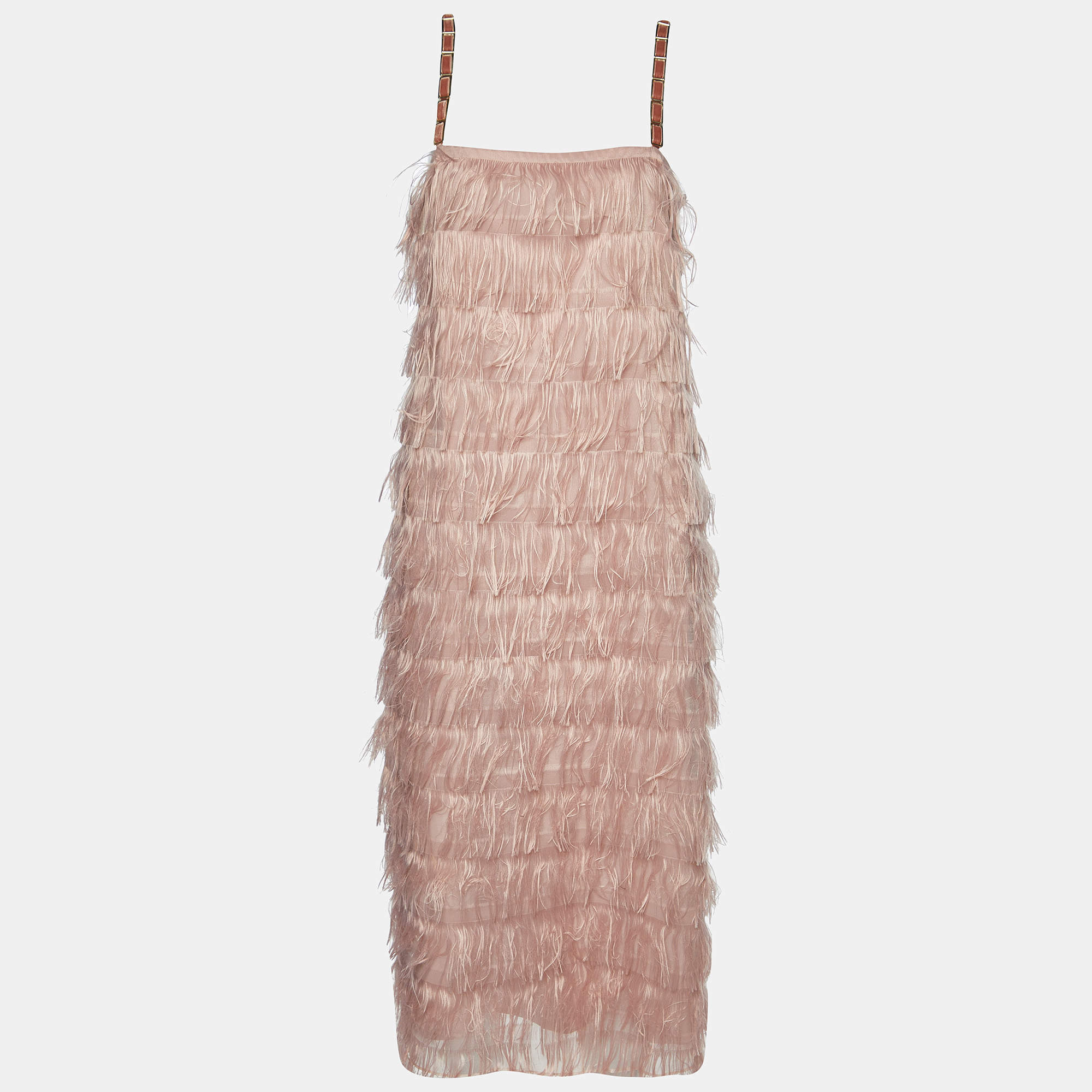Max Mara Pink Synthetic Feather Tiered Midi Dress M