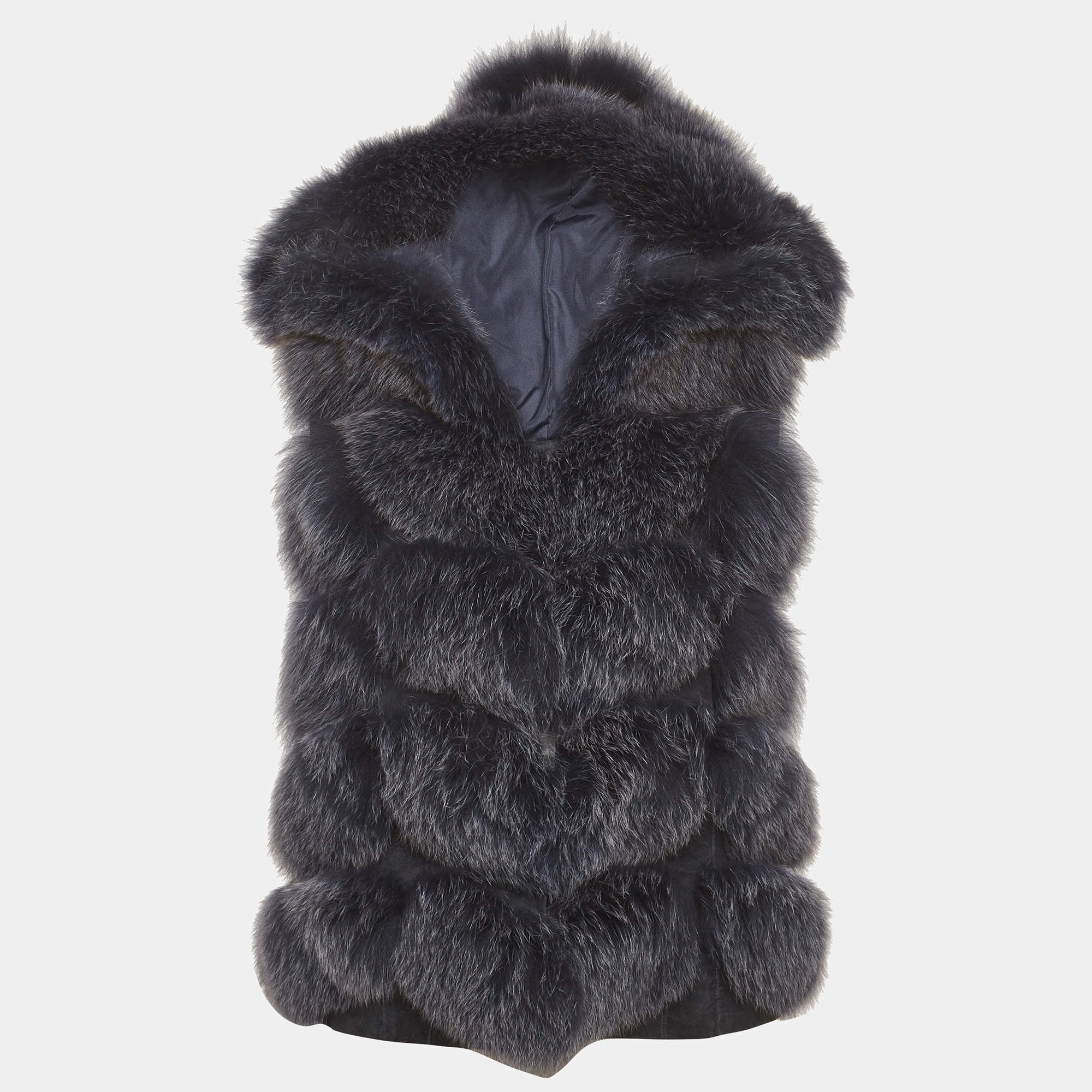 مملوكة مسبقًا Max & Moi Navy Blue Real Fur and Suede Hooded Vest S