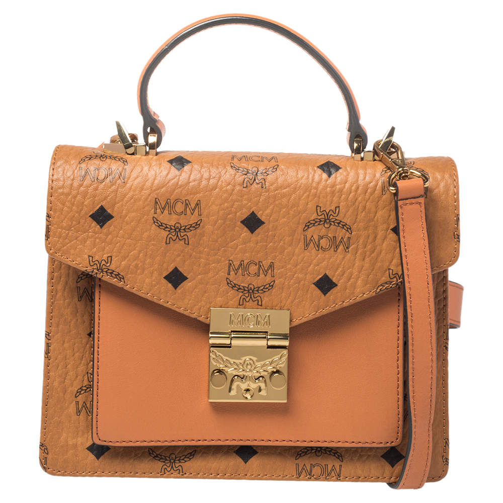 Pre Owned MCM Cognac Visetos Coated Canvas and Leather Patricia Top Handle Bag