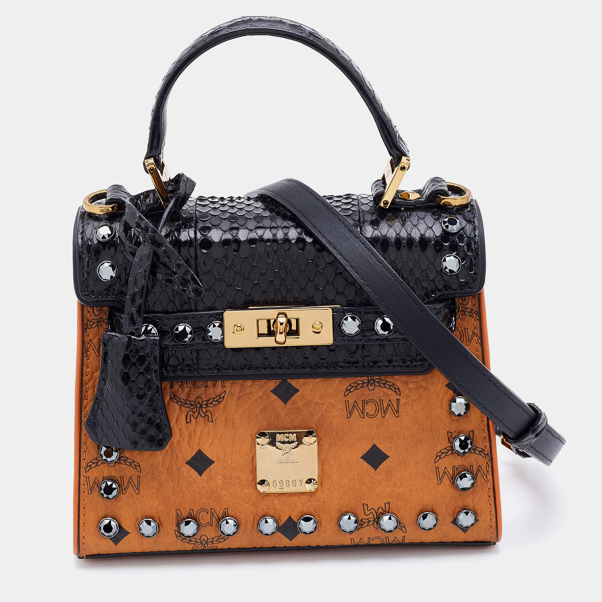 MCM Tan/Black Visetos Coated Canvas and Watersnake Mini Heritage Top Handle Bag