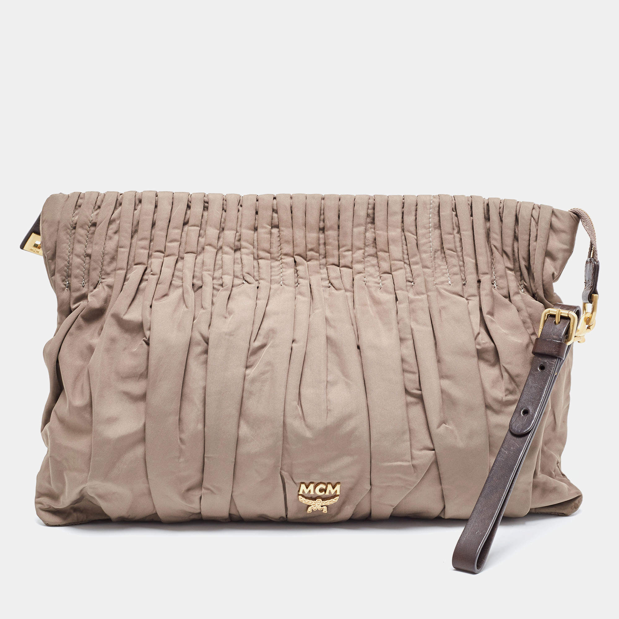 MCM Beige Pleated Nylon Wristlet Zip Pouch