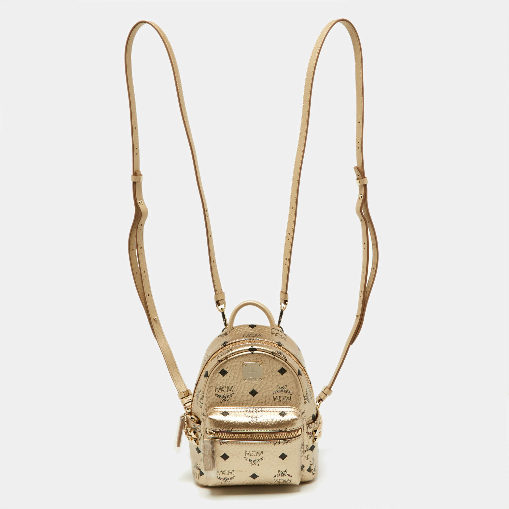 MCM Beige Visetos Coated Canvas and Leather Mini Studded Stark-Bebe Boo Backpack