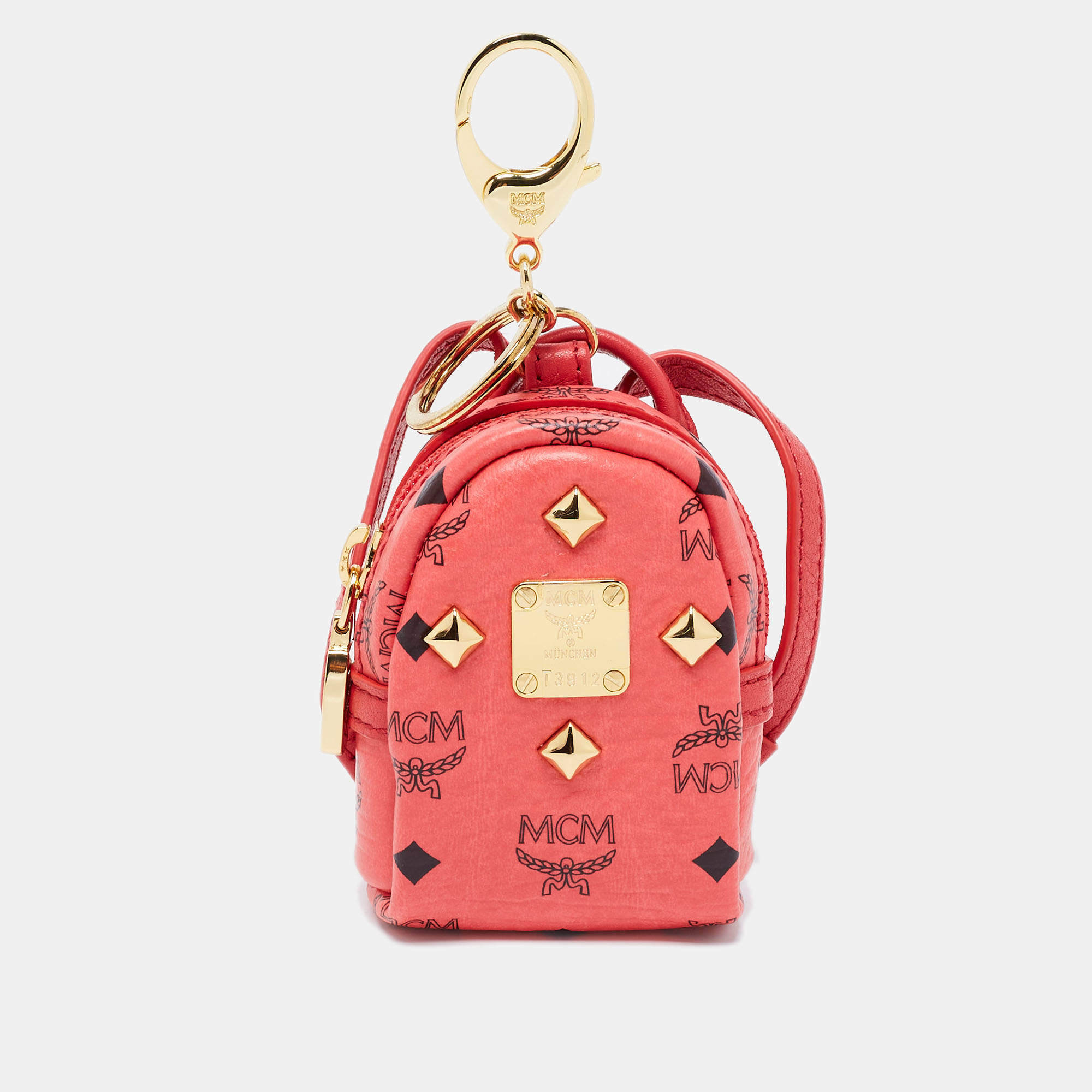 MCM Coral Red Visetos Coated Canvas Backpack Bag Charm