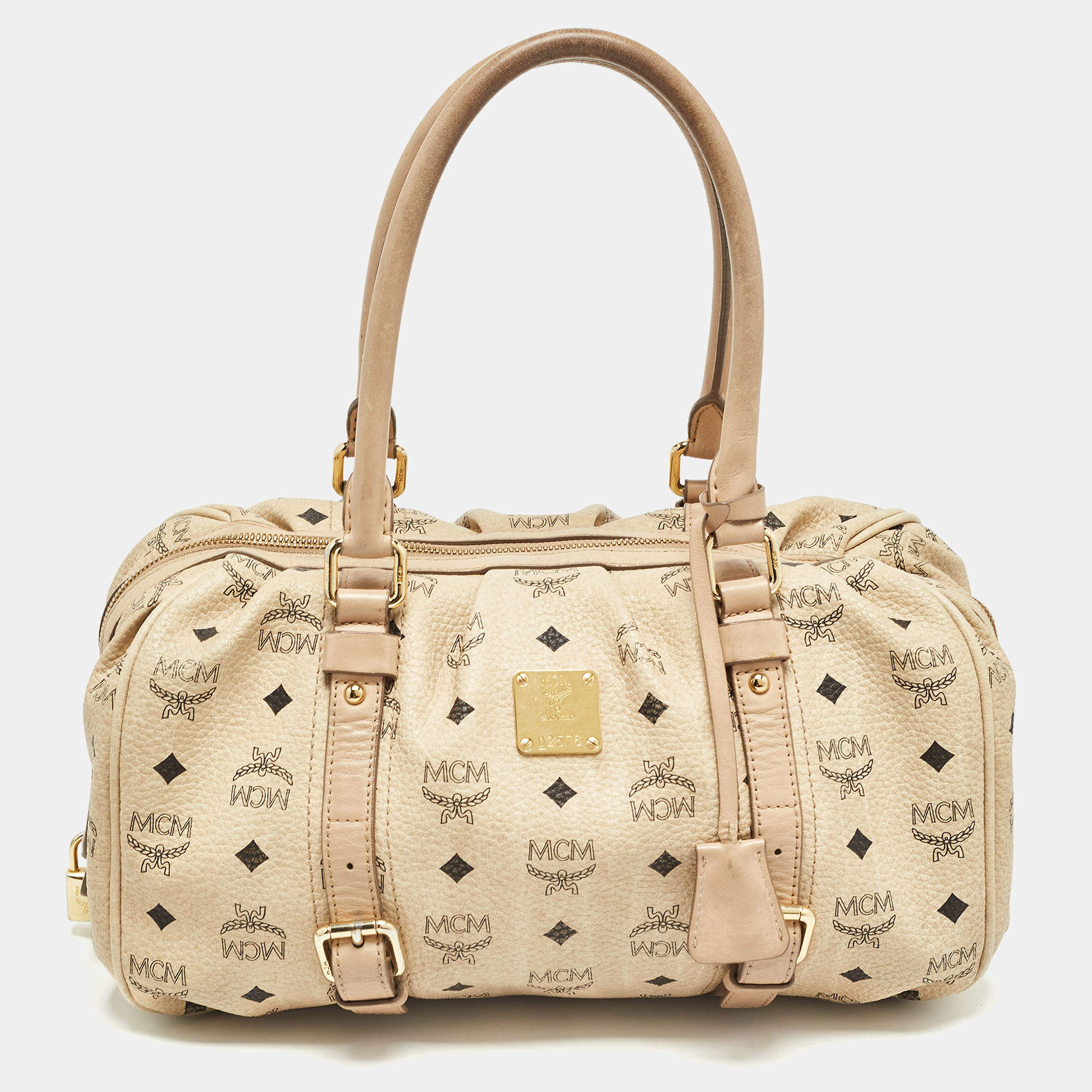 MCM Beige Visetos Coated Canvas Bowler Bag