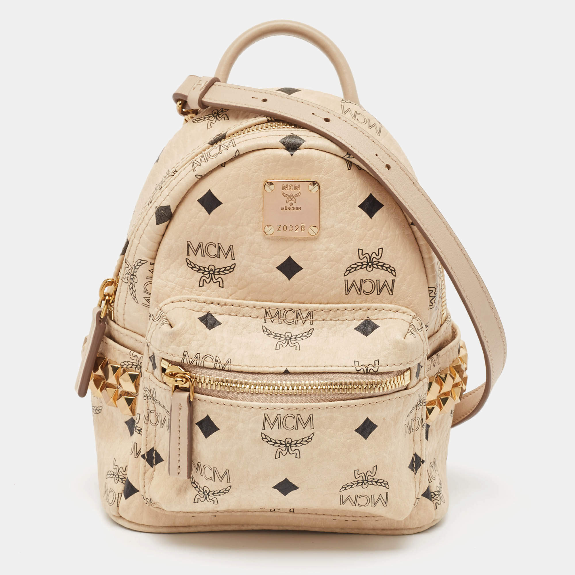 MCM Beige Visetos Coated Canvas and Leather Mini Stark Bebe Boo Backpack