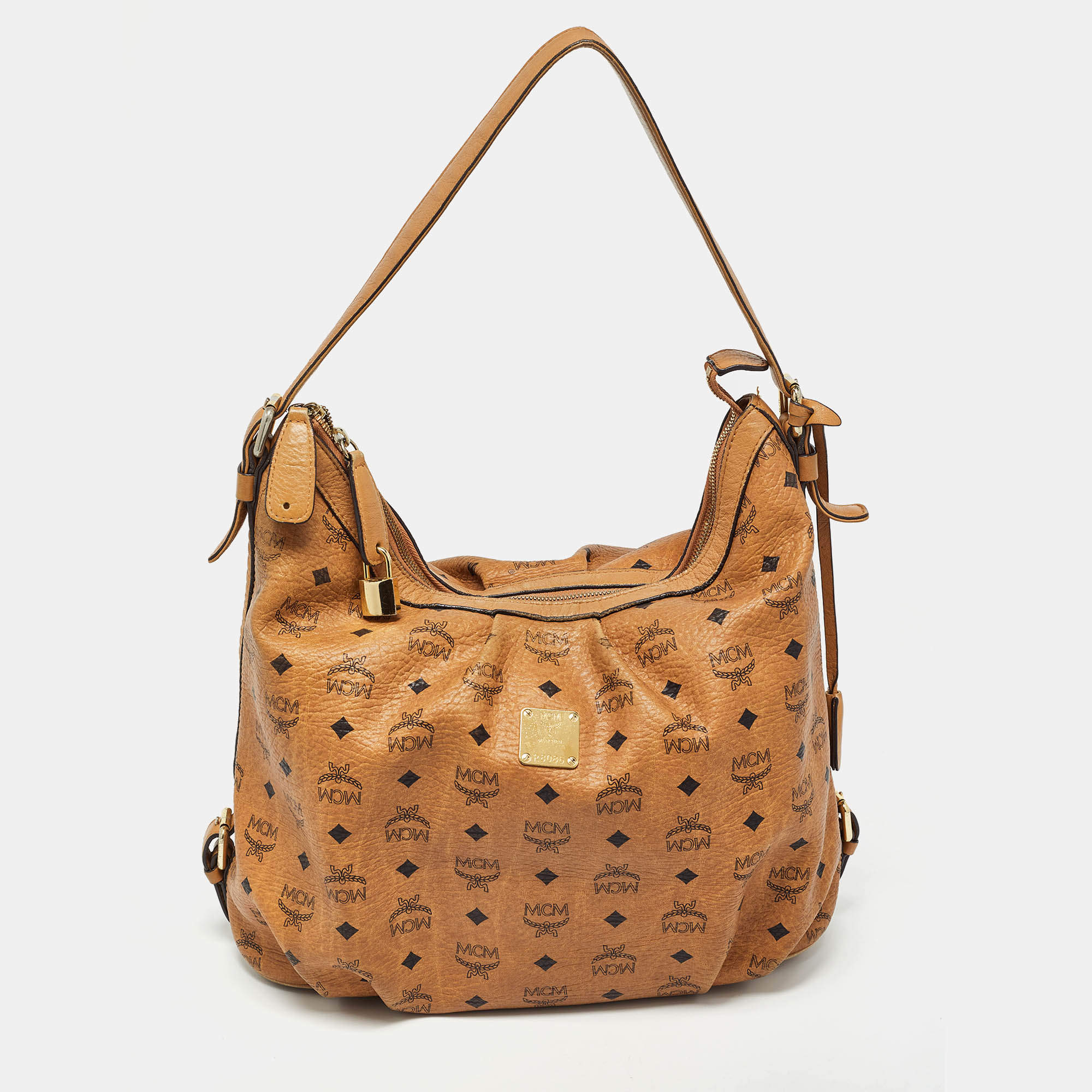 MCM Cognac Visetos Coated Canvas and Leather Large Hobo