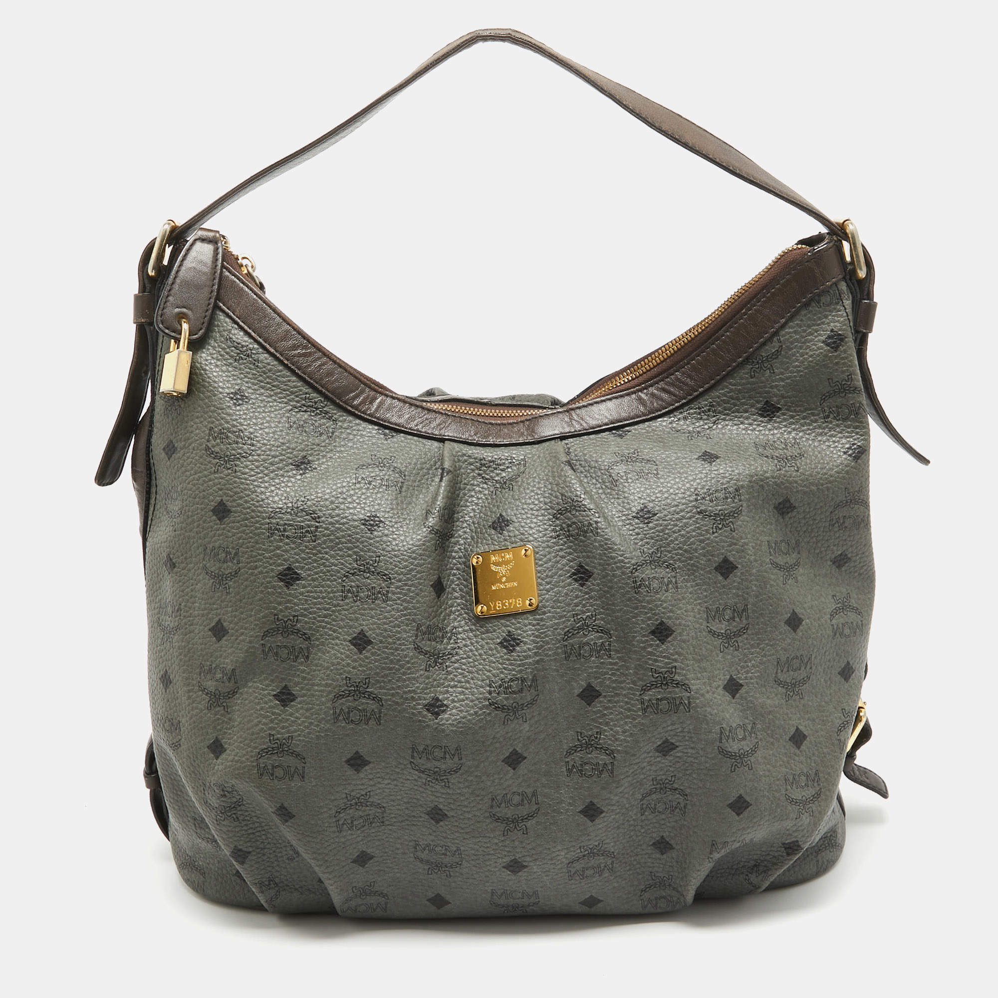 MCM Grey/Brown Visetos Coated Canvas and Leather Pleated Hobo