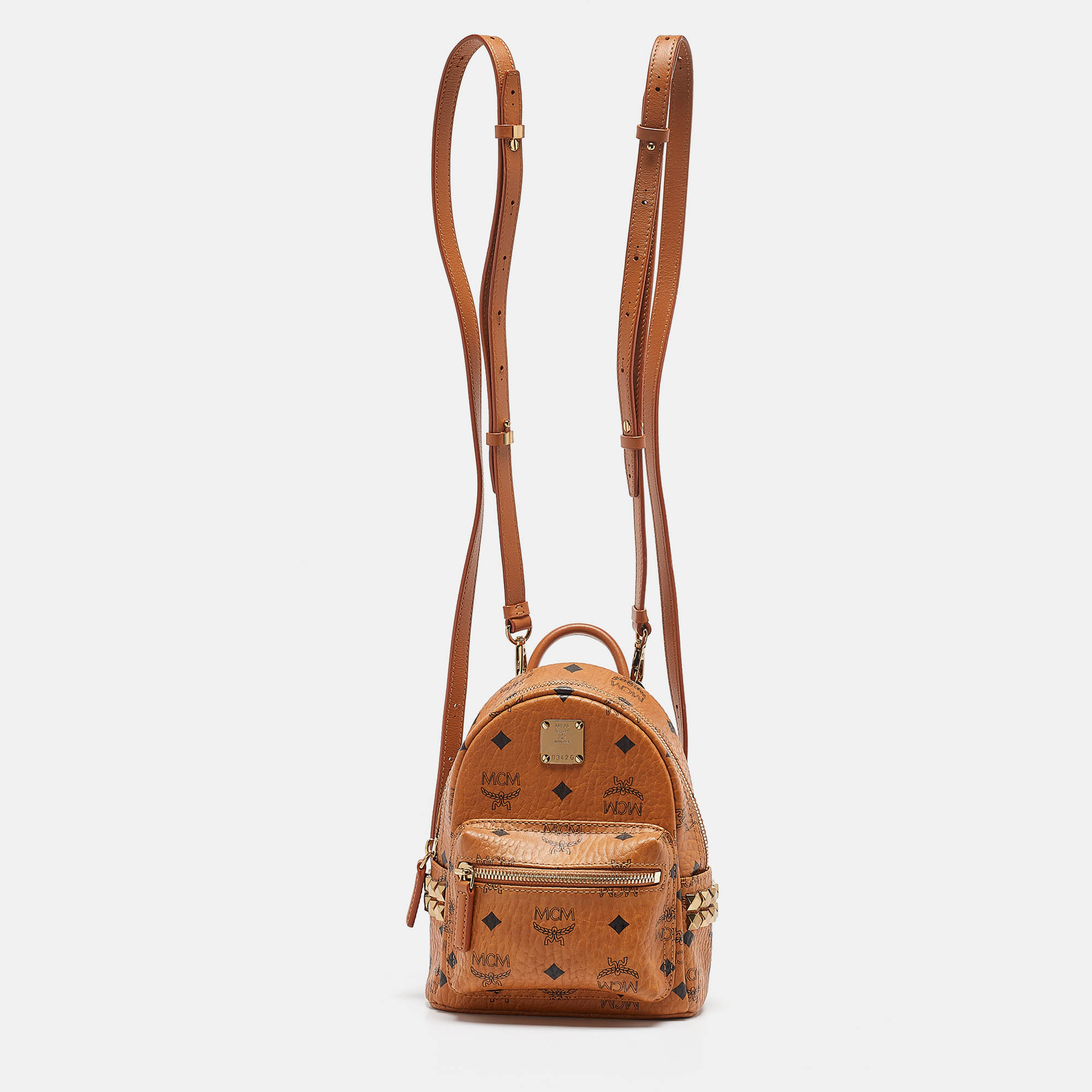 MCM Cognac Visetos Coated Canvas Mini Stark Bebe Boo Backpack