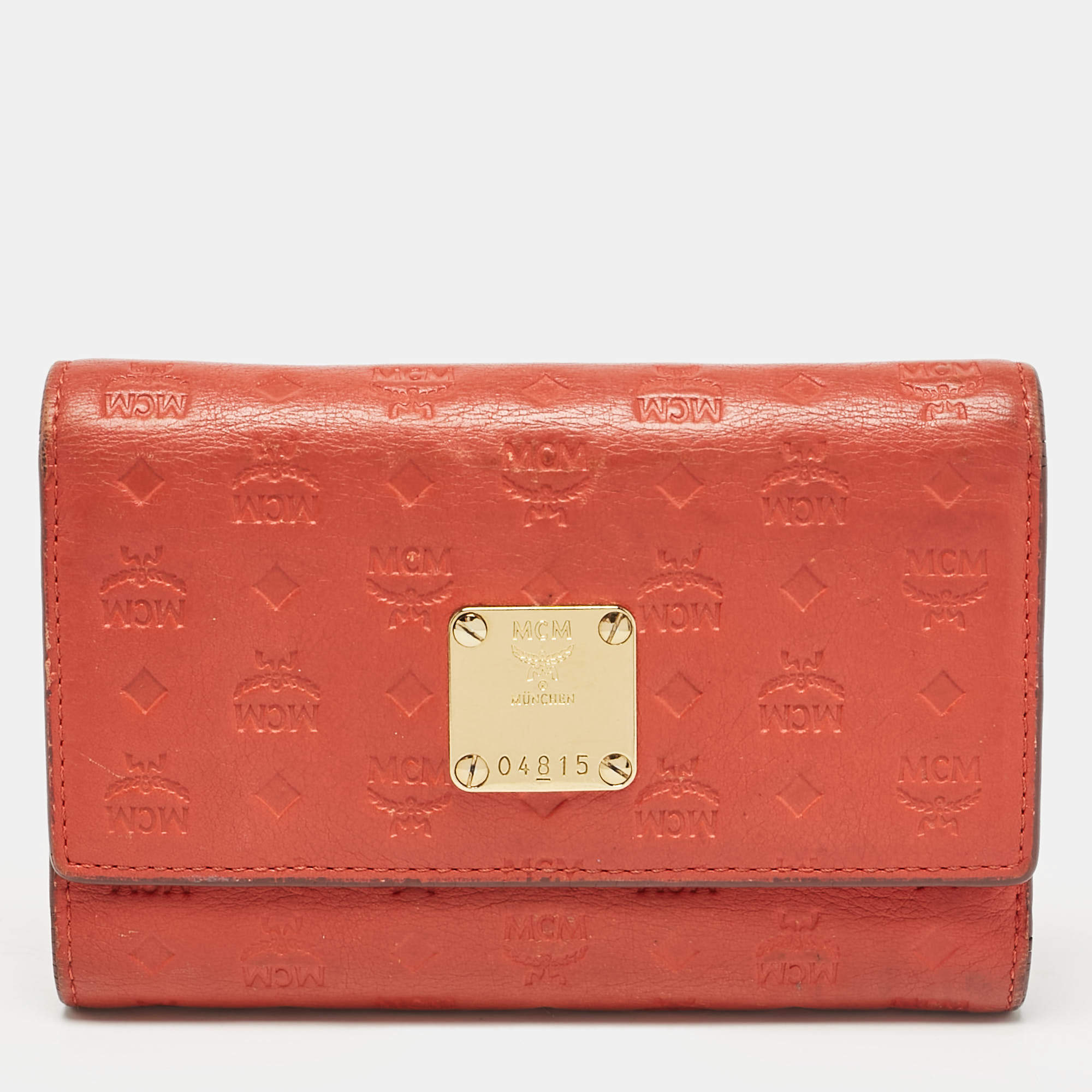 MCM Brick Red Visetos Embossed Leather Trifold Wallet