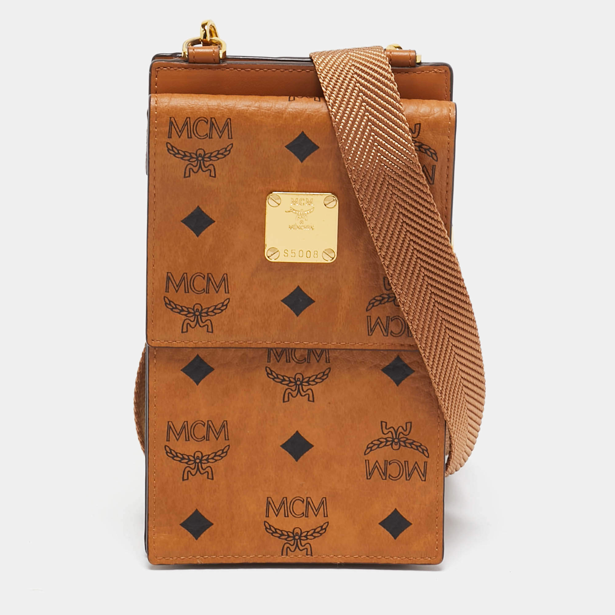 MCM Cognac Visetos Coated Canvas and Leather Phone Crossbody Bag