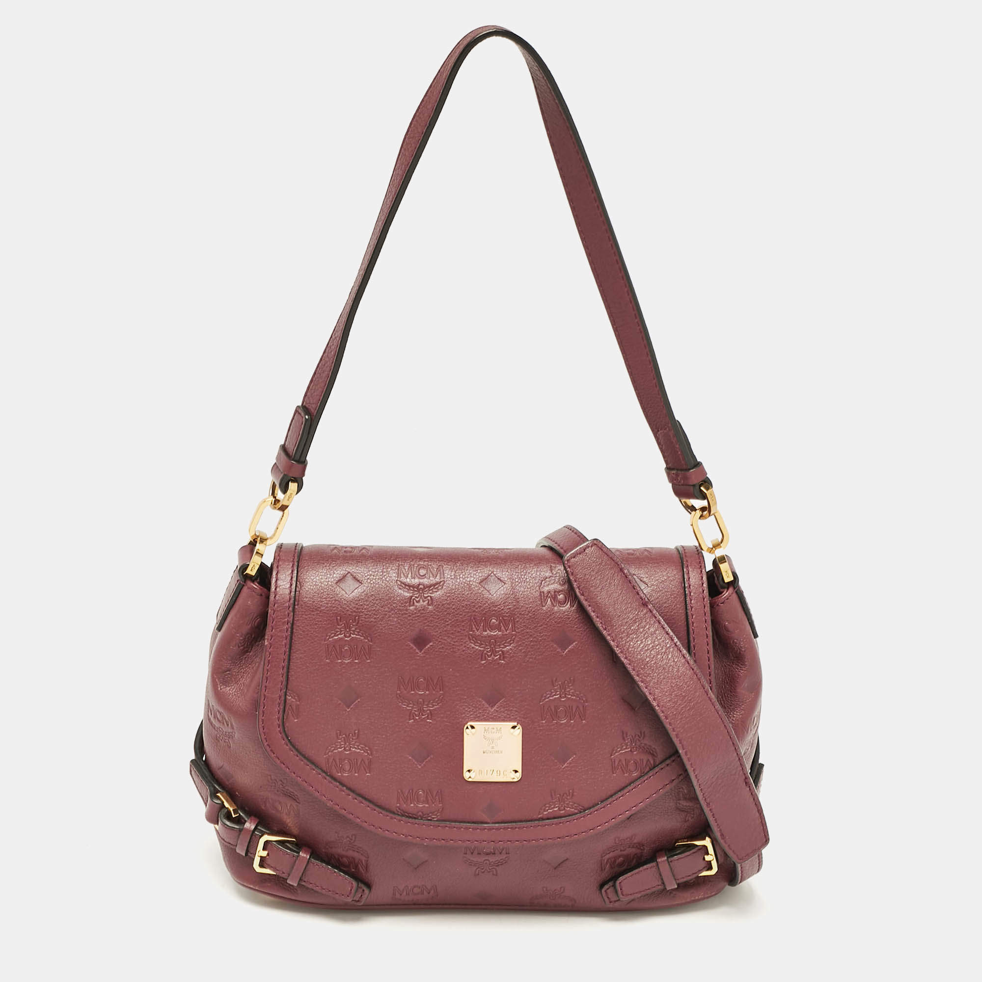 MCM Burgundy Embossed Leather Flap Top Handle Bag 