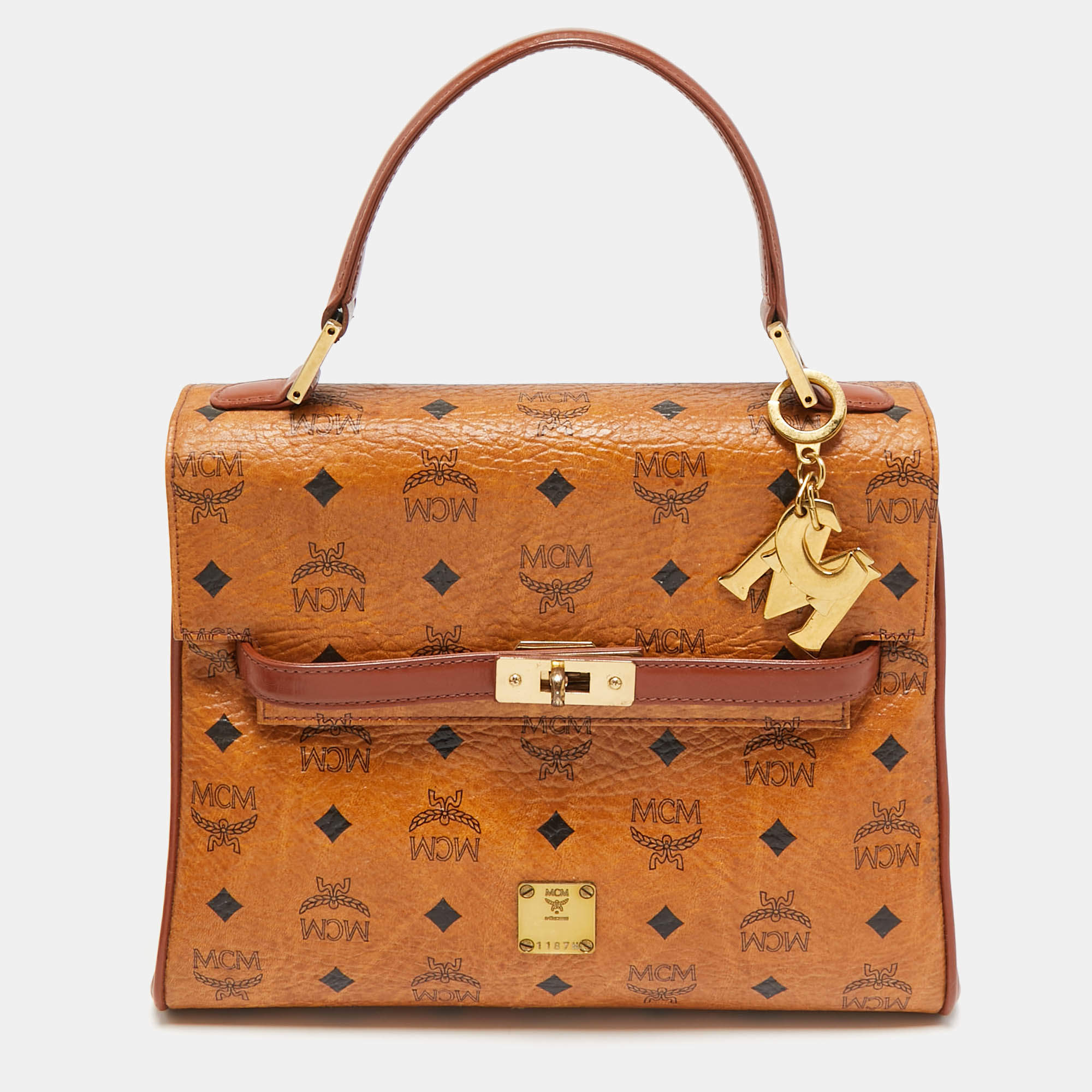 MCM Cognac Visetos Coated Canvas Heritage Top Handle Bag
