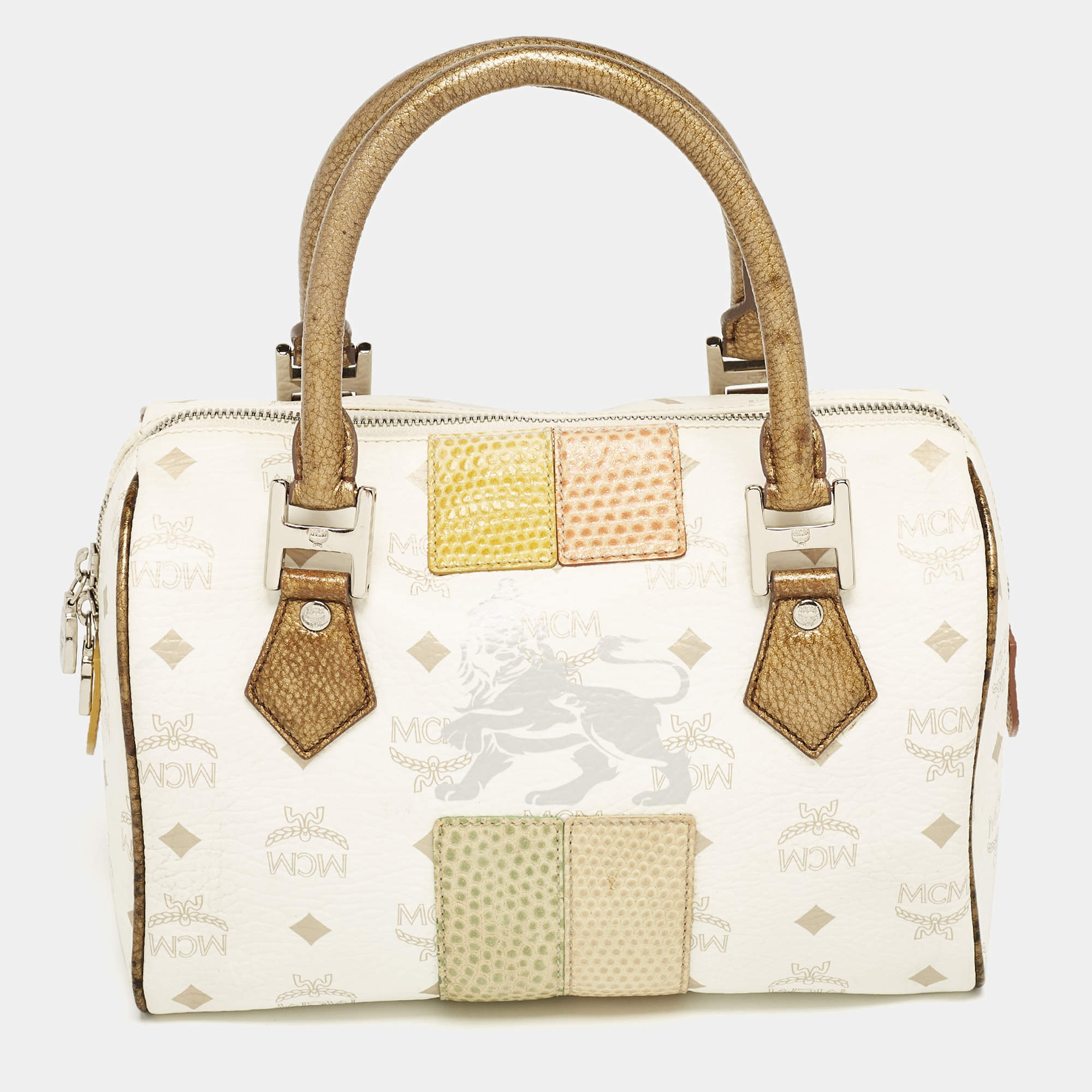 MCM White/Gold Visetos Coated Canvas and Lizard Embossed Leather Princess Lion Boston Bag