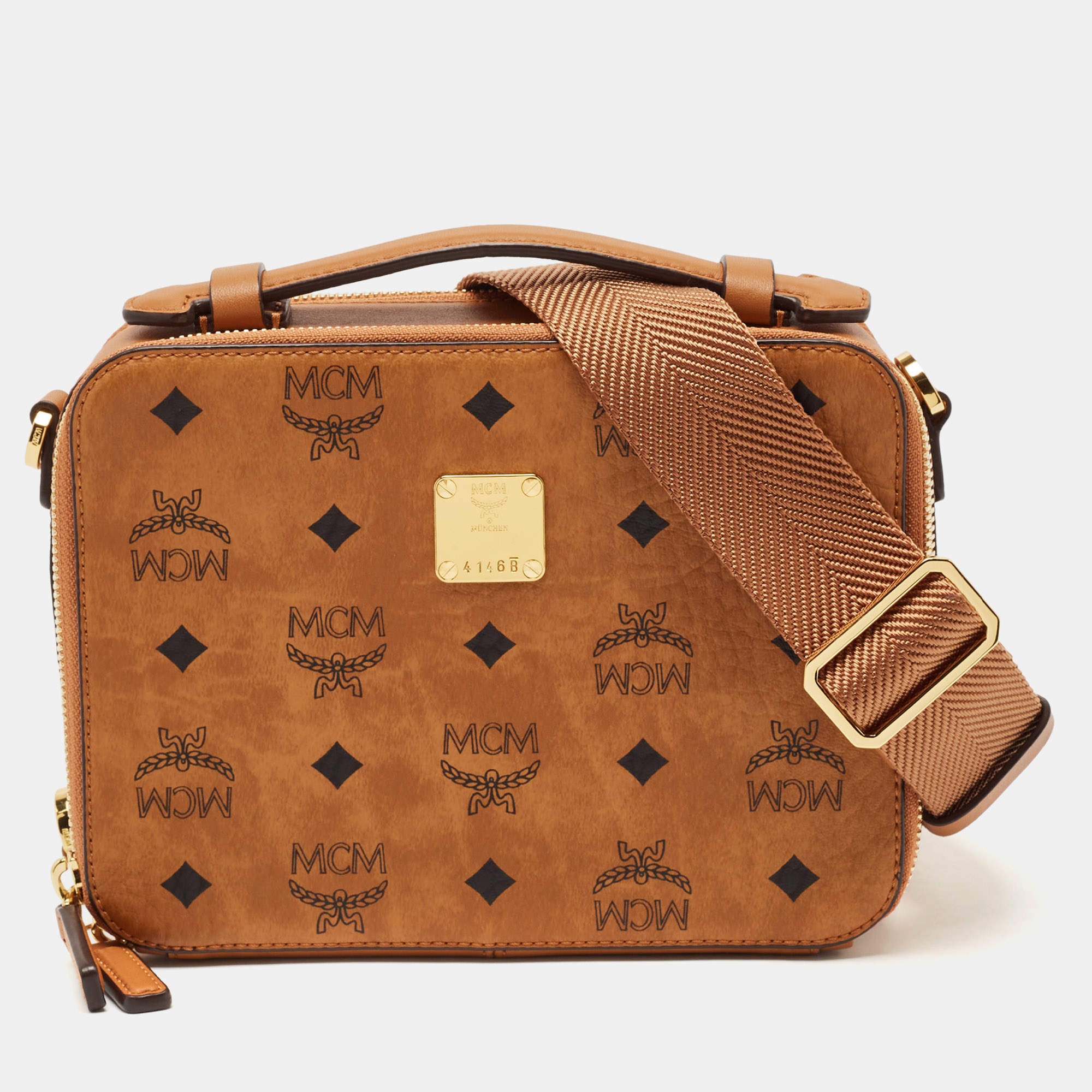 MCM Cognac Visetos Coated Canvas and Leather Double Zip Camera Crossbody Bag