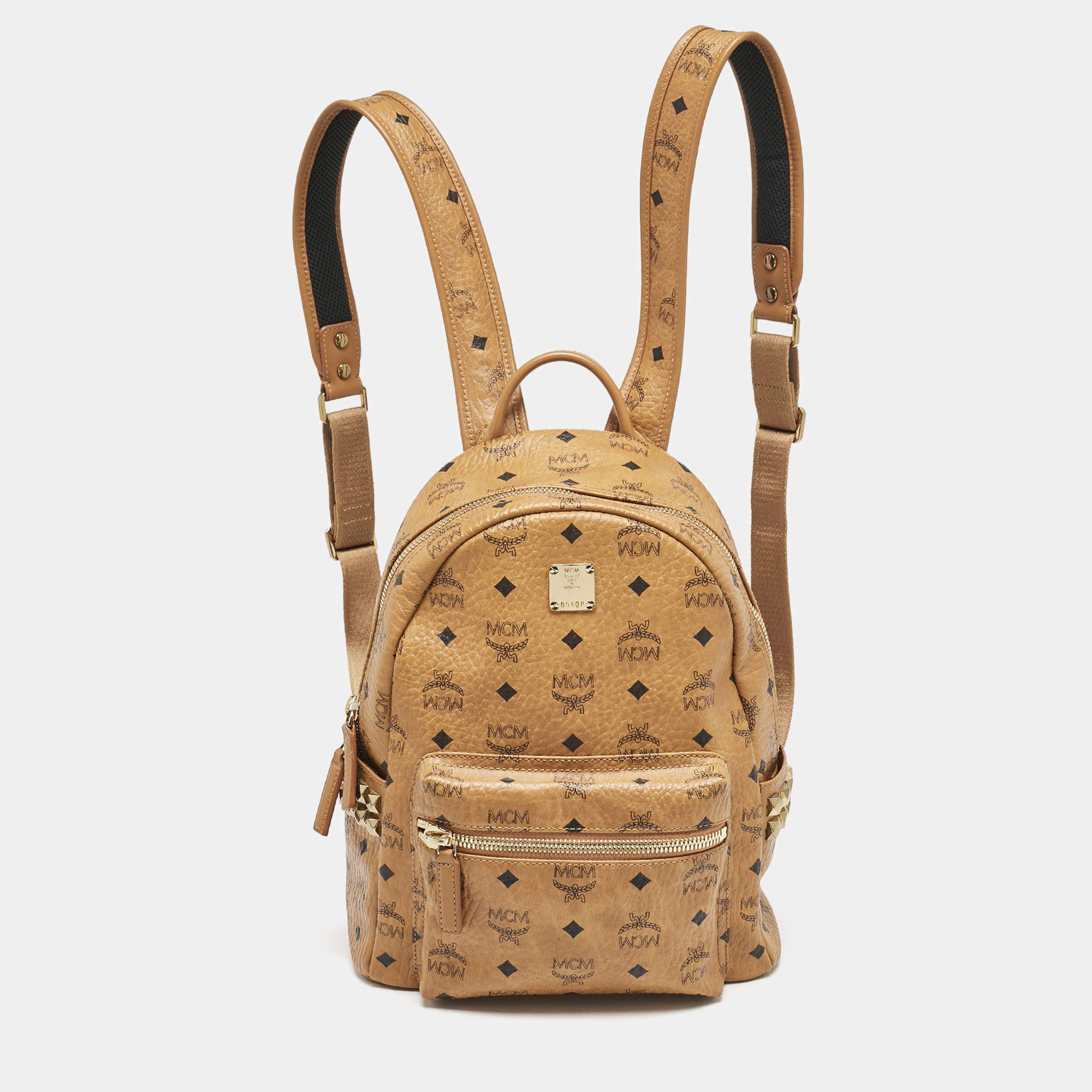 Pre Owned MCM Cognac Visetos Coated Canvas Small Side Studs Stark Backpack