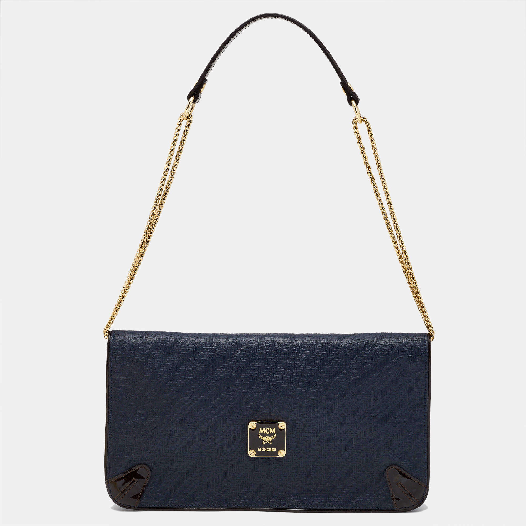 MCM Navy Blue/Brown Coated Raffia and Patent Leather Flap Shoulder Bag