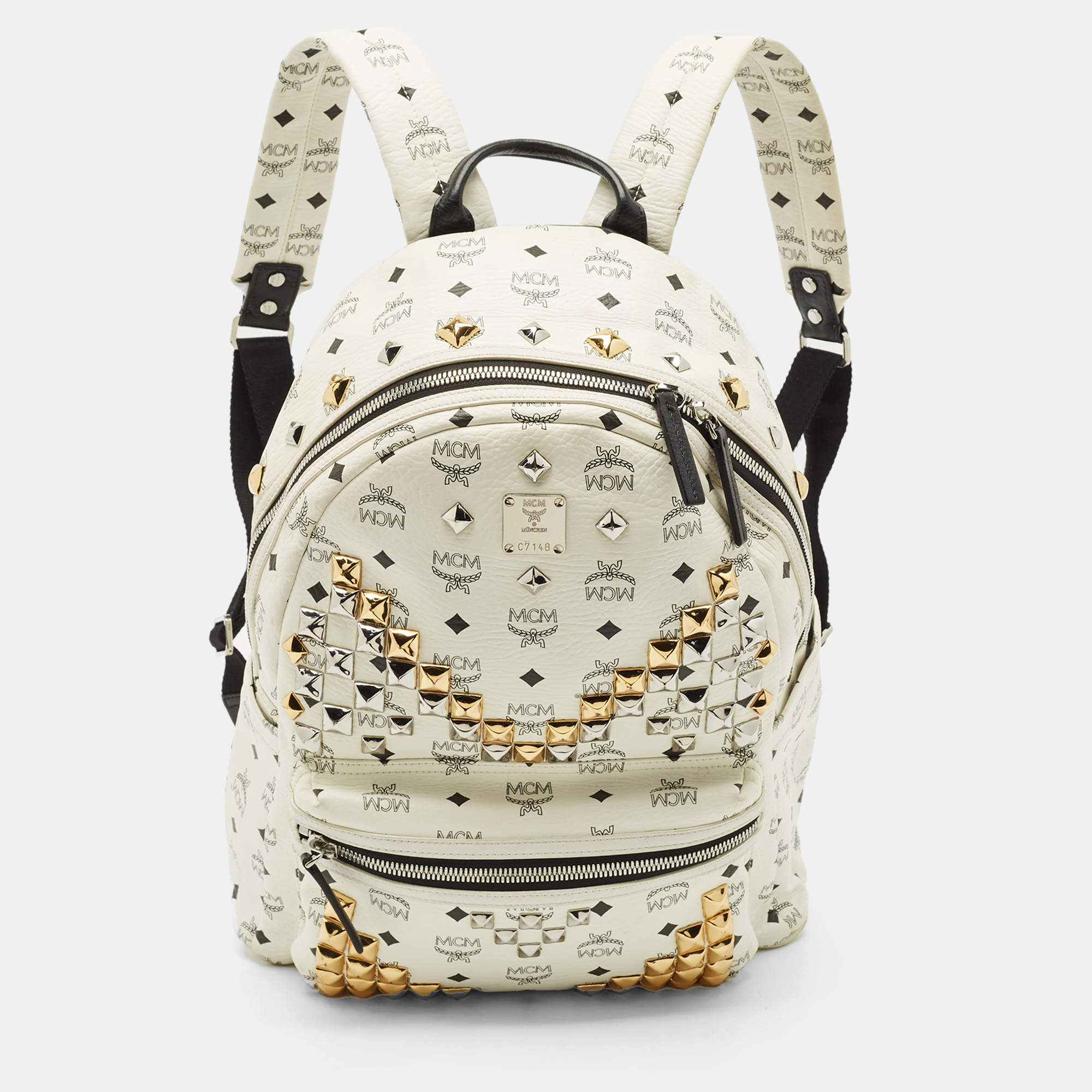Pre Owned MCM White/Black Visetos Coated Canvas Medium Studded Stark Backpack