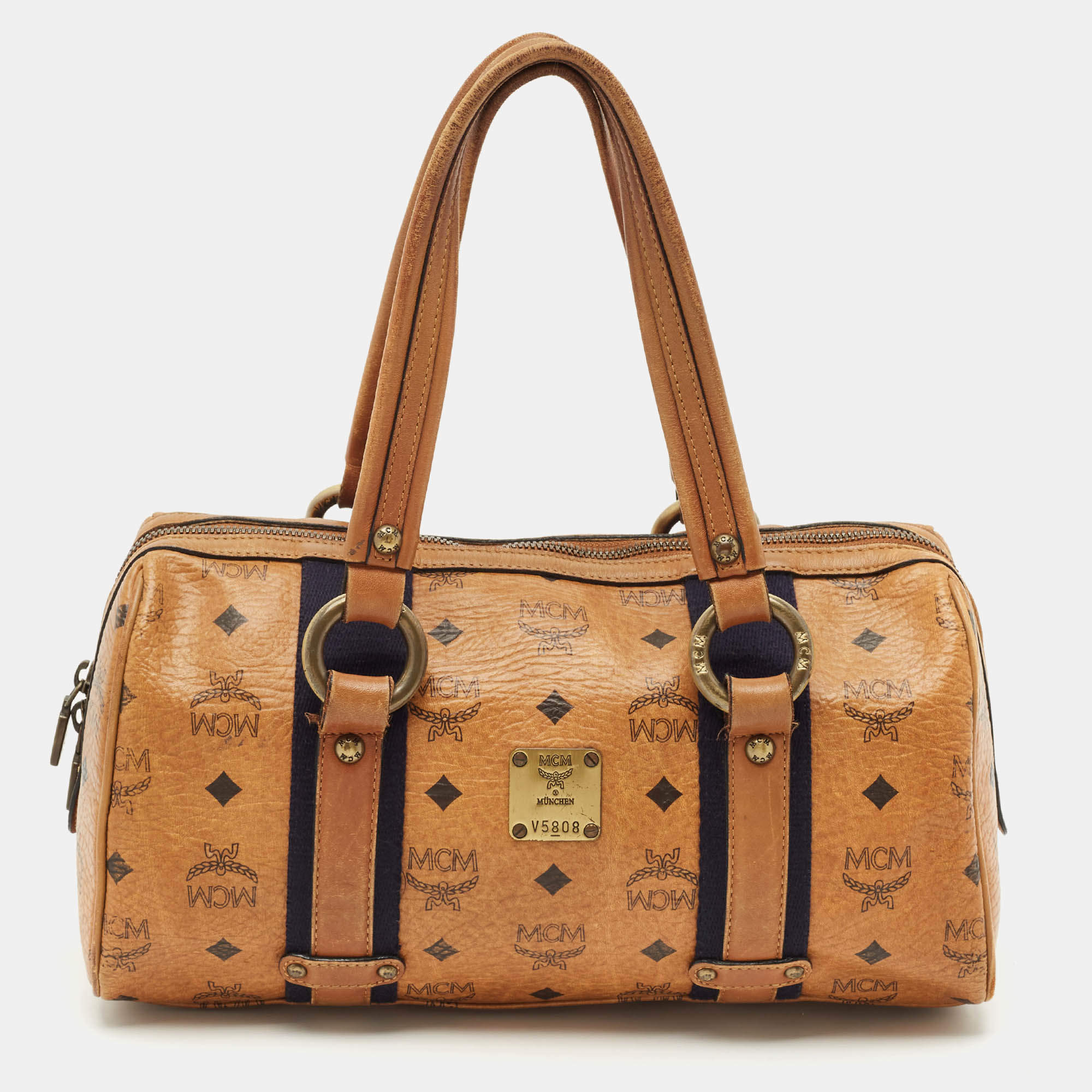 MCM Cognac Visetos Coated Canvas and Leather Boston Satchel