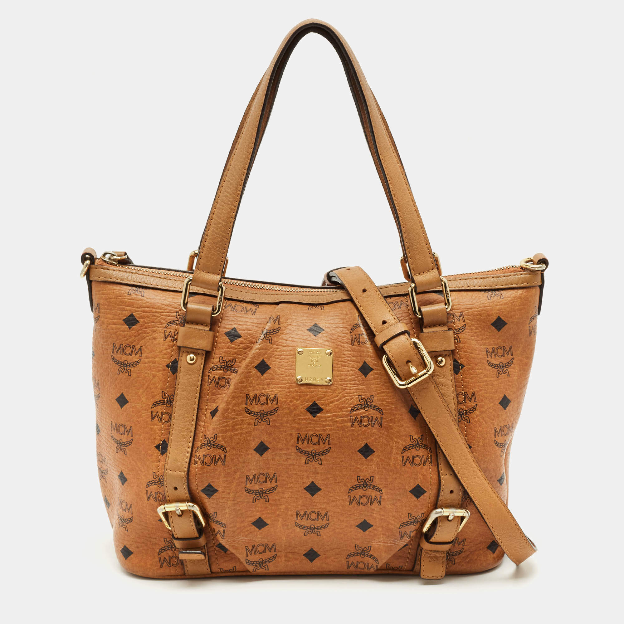MCM Cognac Visetos Coated Canvas and Leather Top Zip Tote