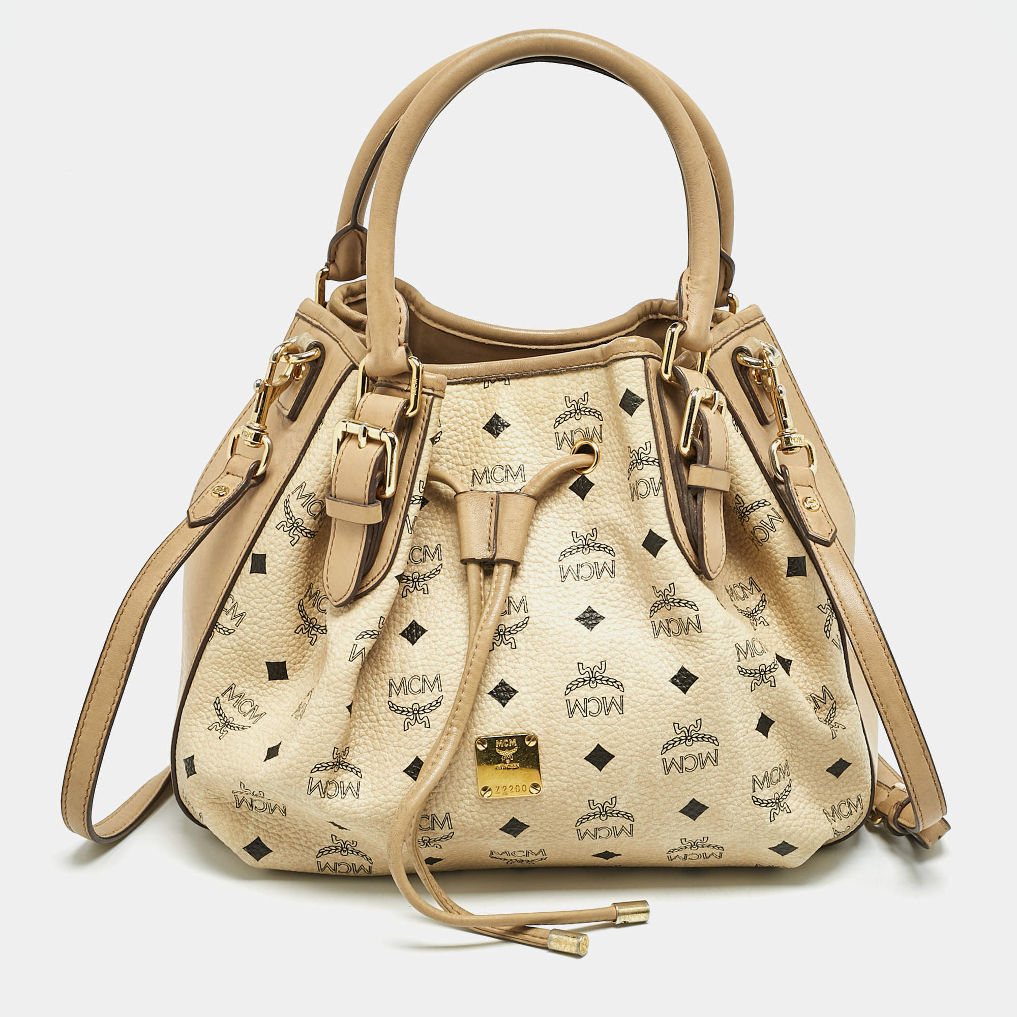 MCM Beige Visetos Coated Canvas Drawstring Tote