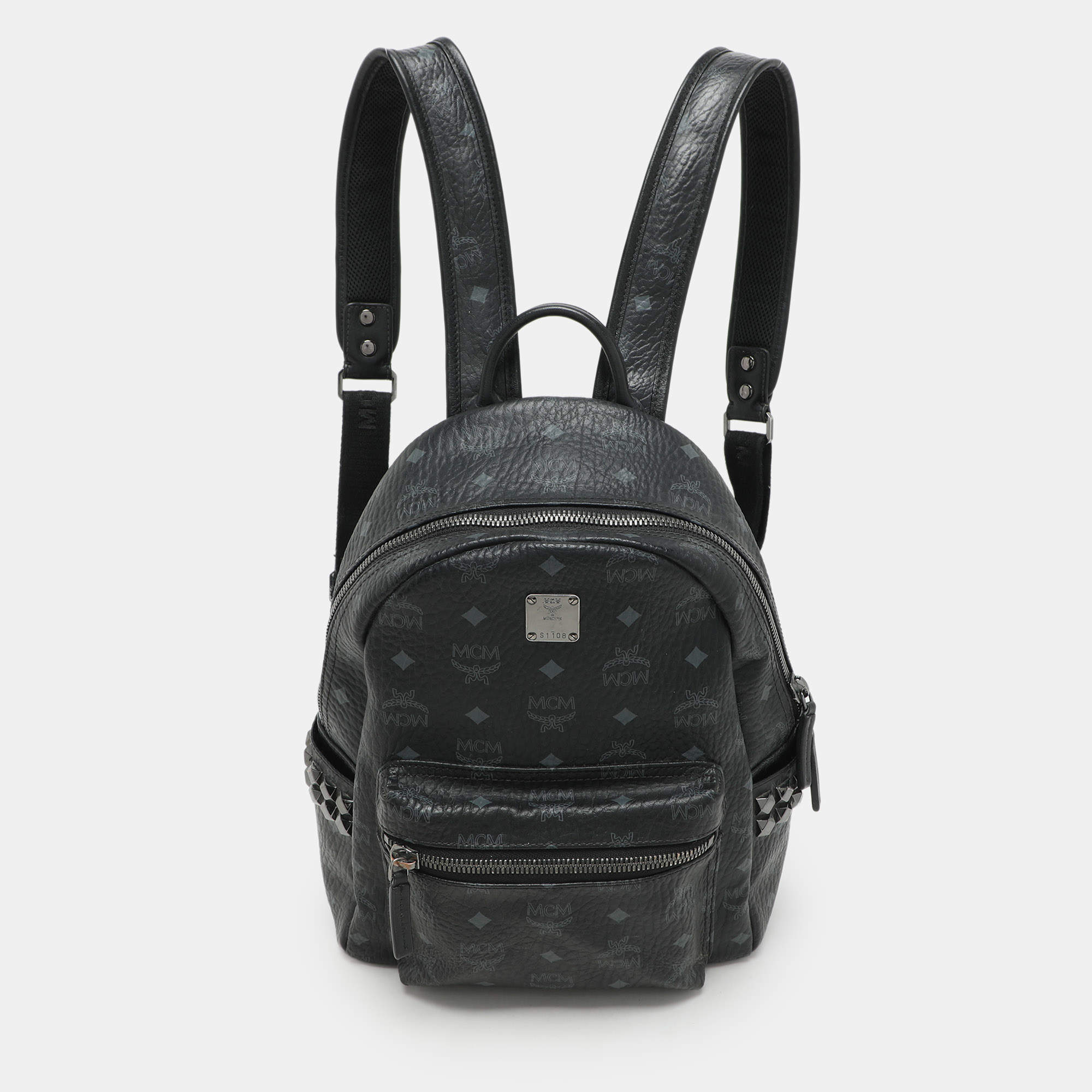 Pre Owned MCM Black Visetos Coated Canvas Small Stark Studded Backpack