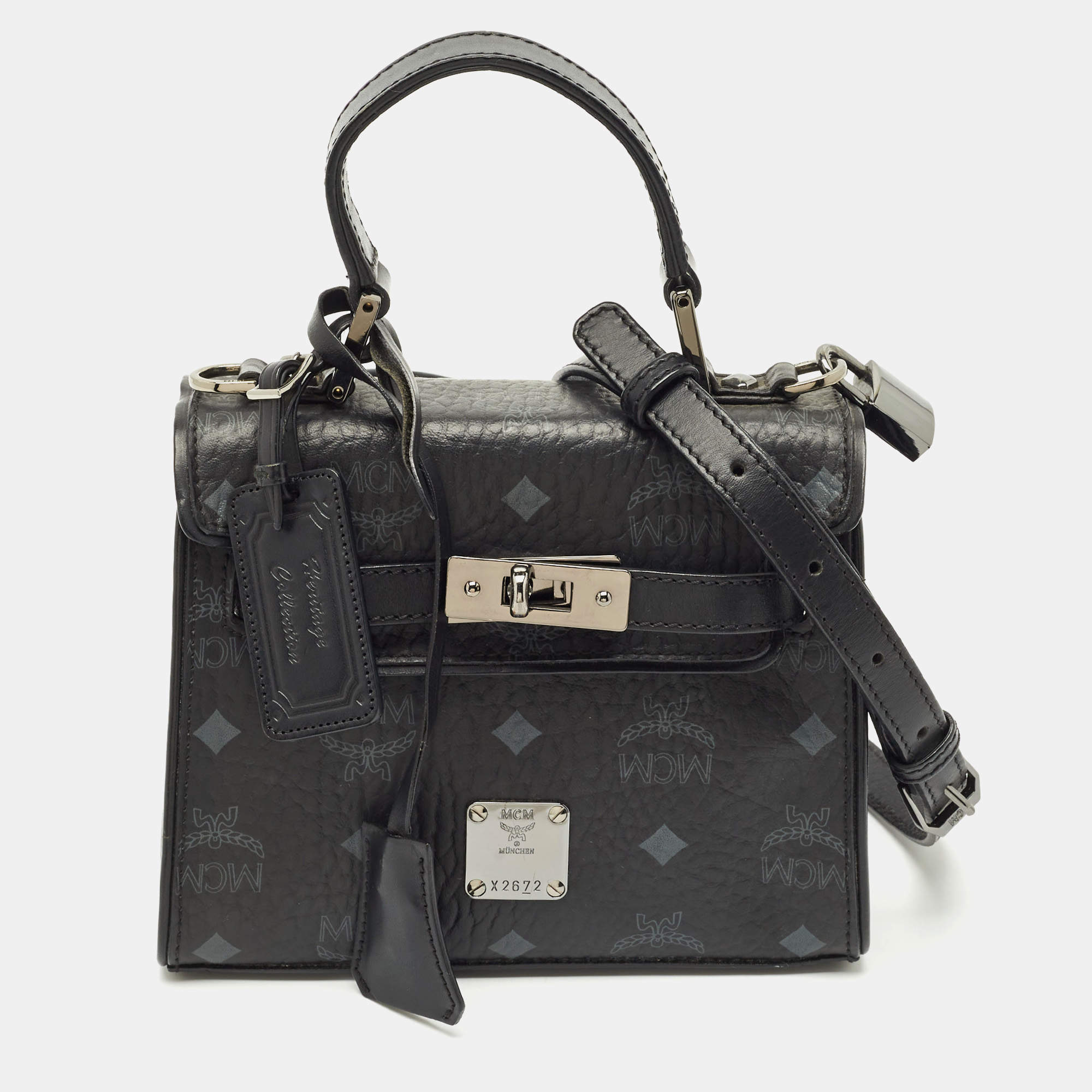 MCM Black Visetos Coated Canvas and Leather Mini Heritage Top Handle Bag