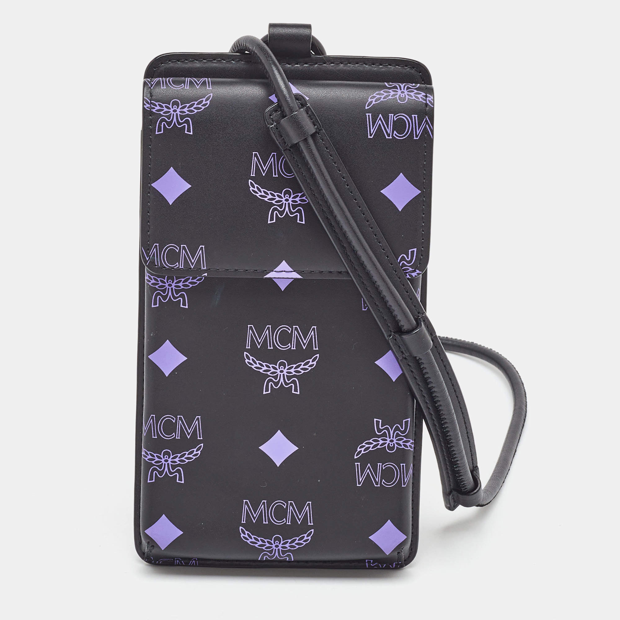 Pre Owned MCM Black Splash Visetos Coated Canvas Phone Lanyard Crossbody Bag