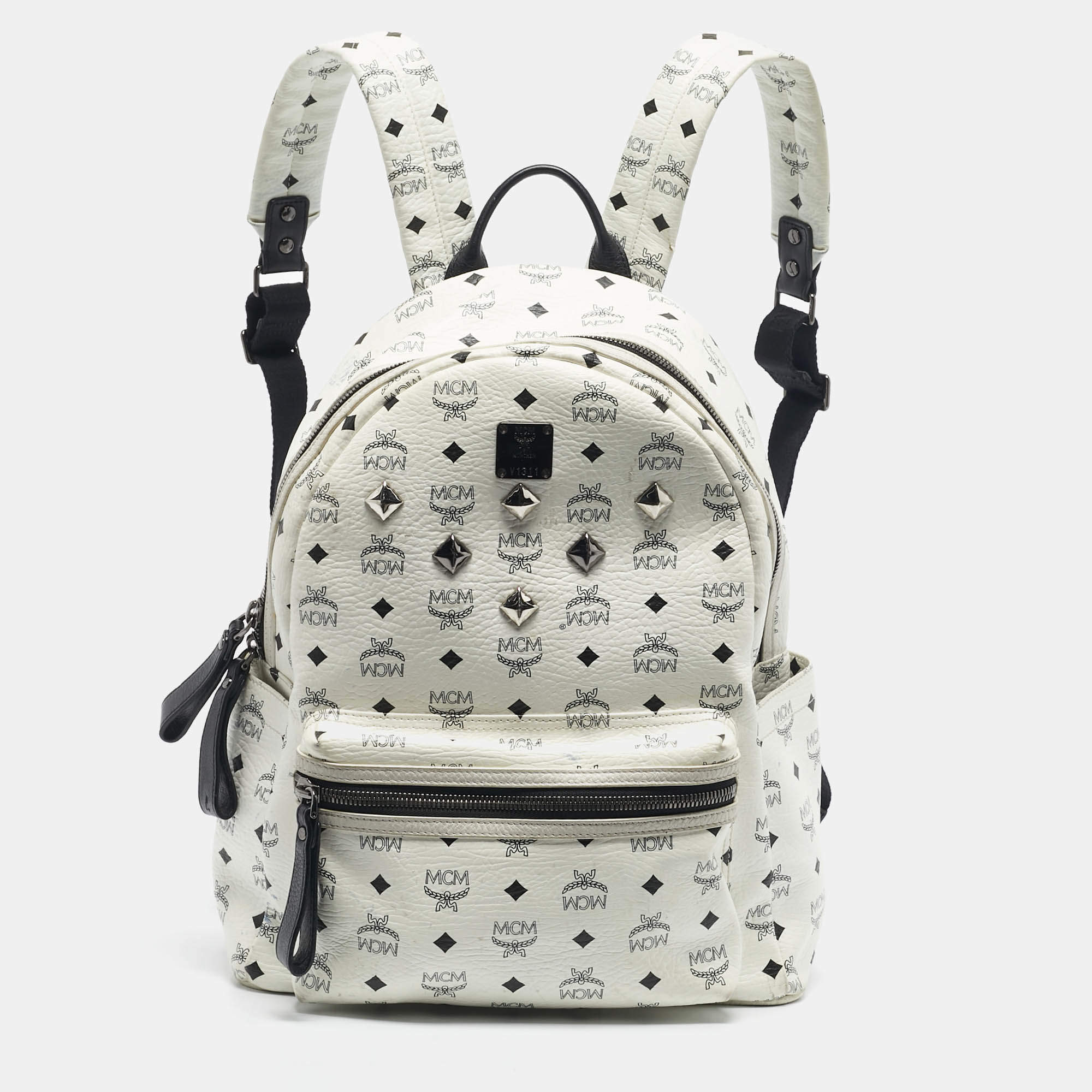 Pre Owned MCM White/Black Visetos Coated Canvas Large Studded Stark Backpack  