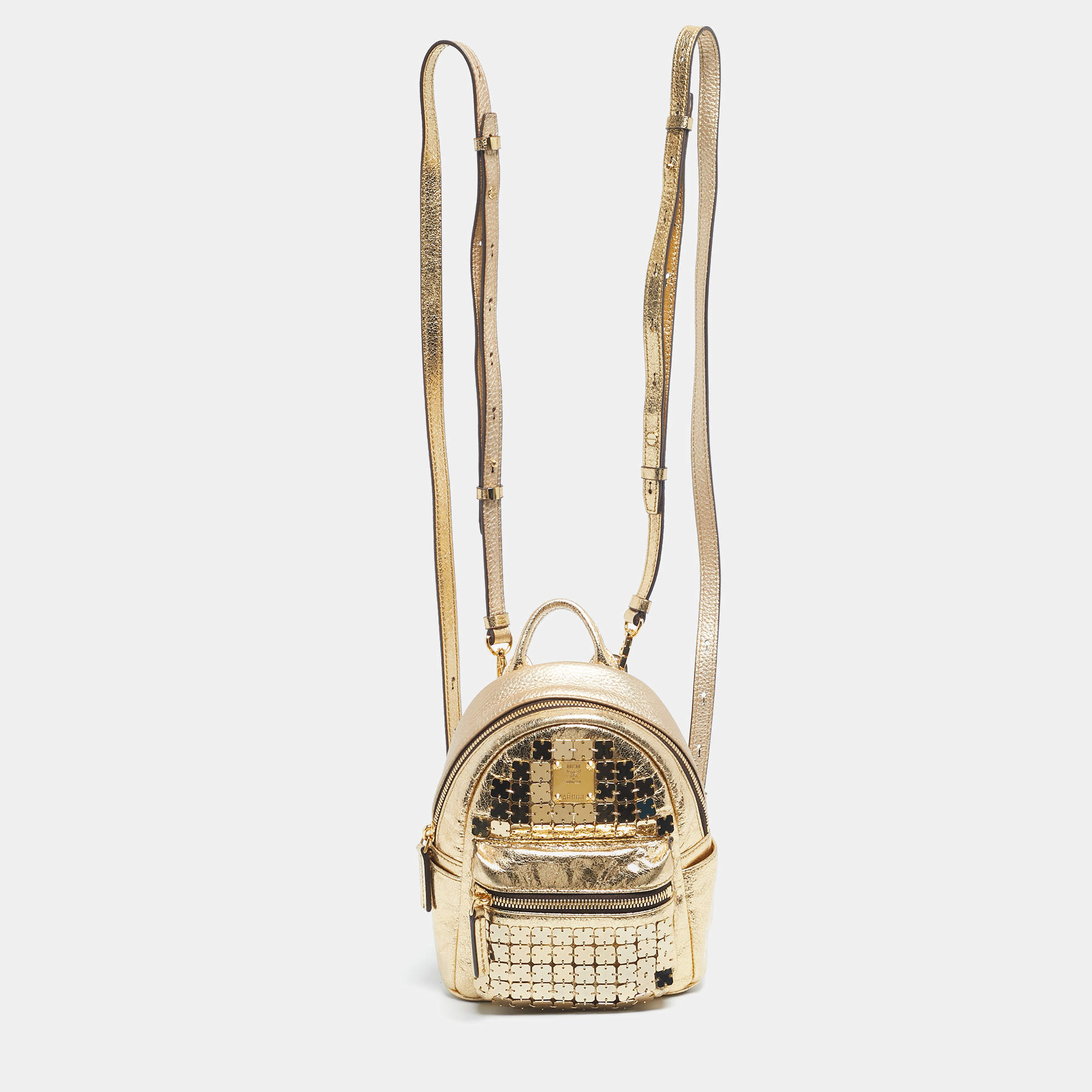 MCM ゴールドバックパック ミニサイズ MCM Mini Leather Backpack Gold Logo Grained Pattern