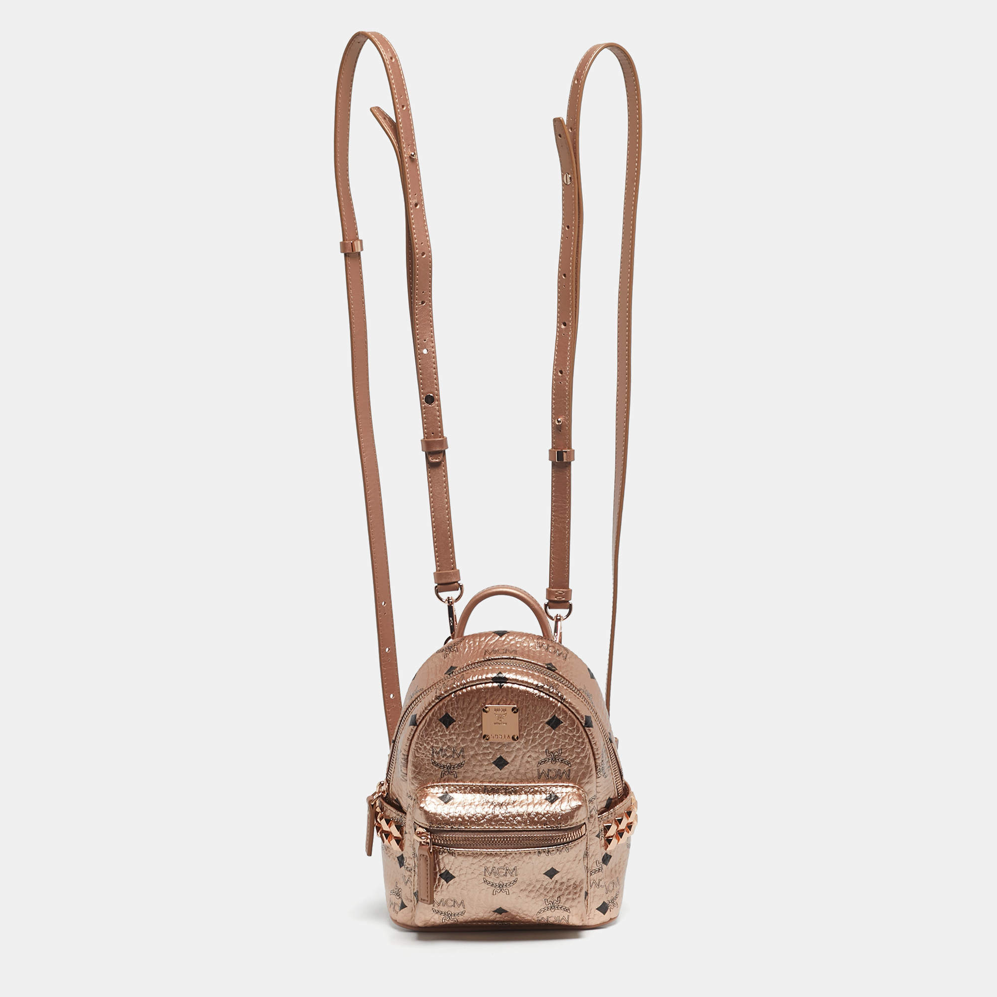Pre Owned MCM Rose Gold Visetos Coated Canvas and Leather Mini Studded Stark Bebe Boo Backpack