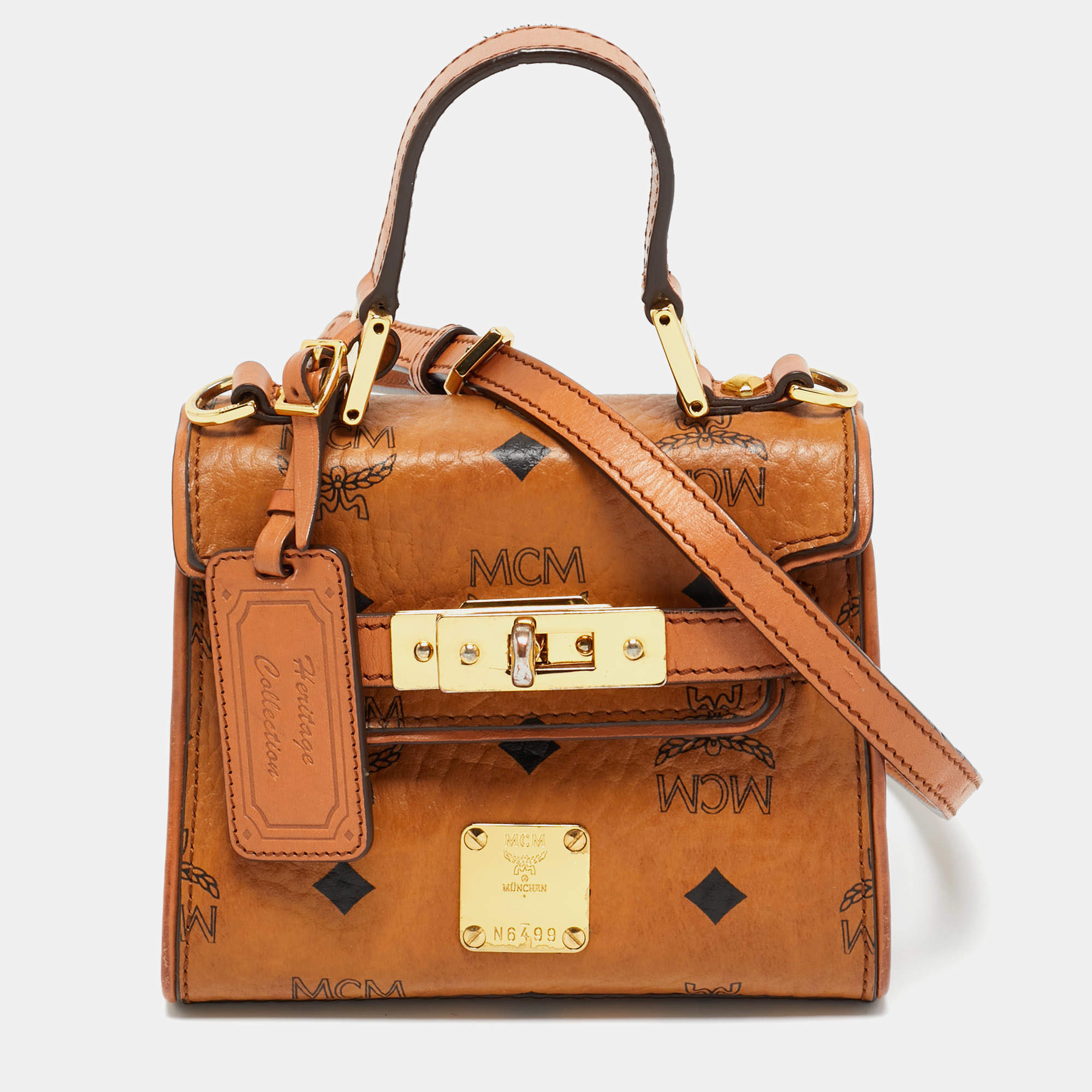 Pre Owned MCM Cognac Visetos Coated Canvas X Mini Hertiage Top Handle Bag