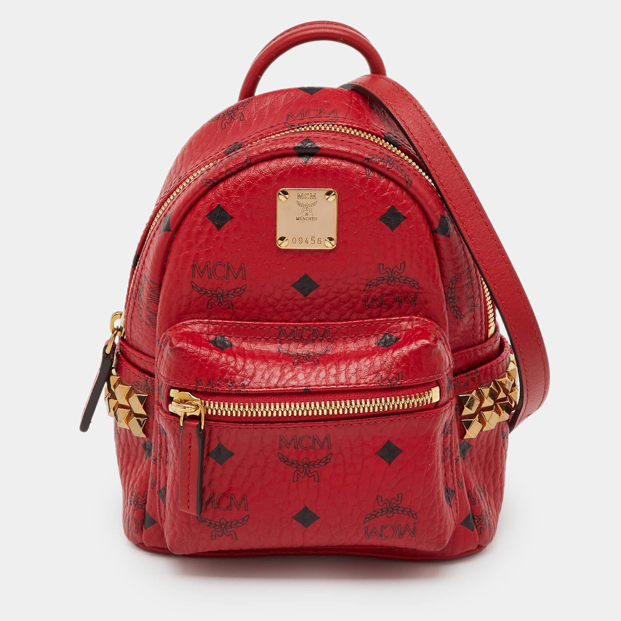 Pre Owned MCM Red Visetos Coated Canvas and Leather Side Stud X-Mini Stark Bebe Boo Backpack