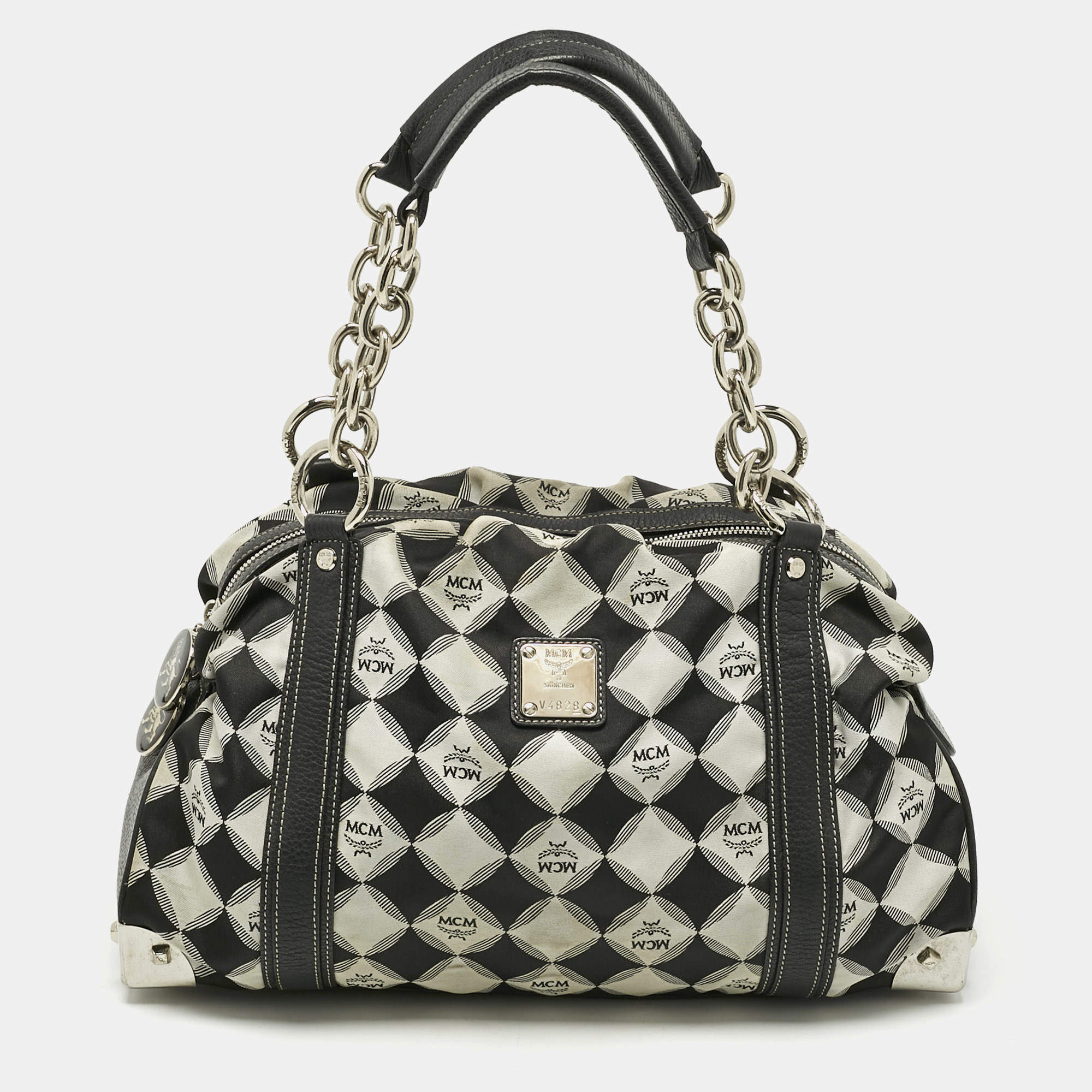 Pre Owned MCM Black Printed Fabric and Leather Zip Satchel