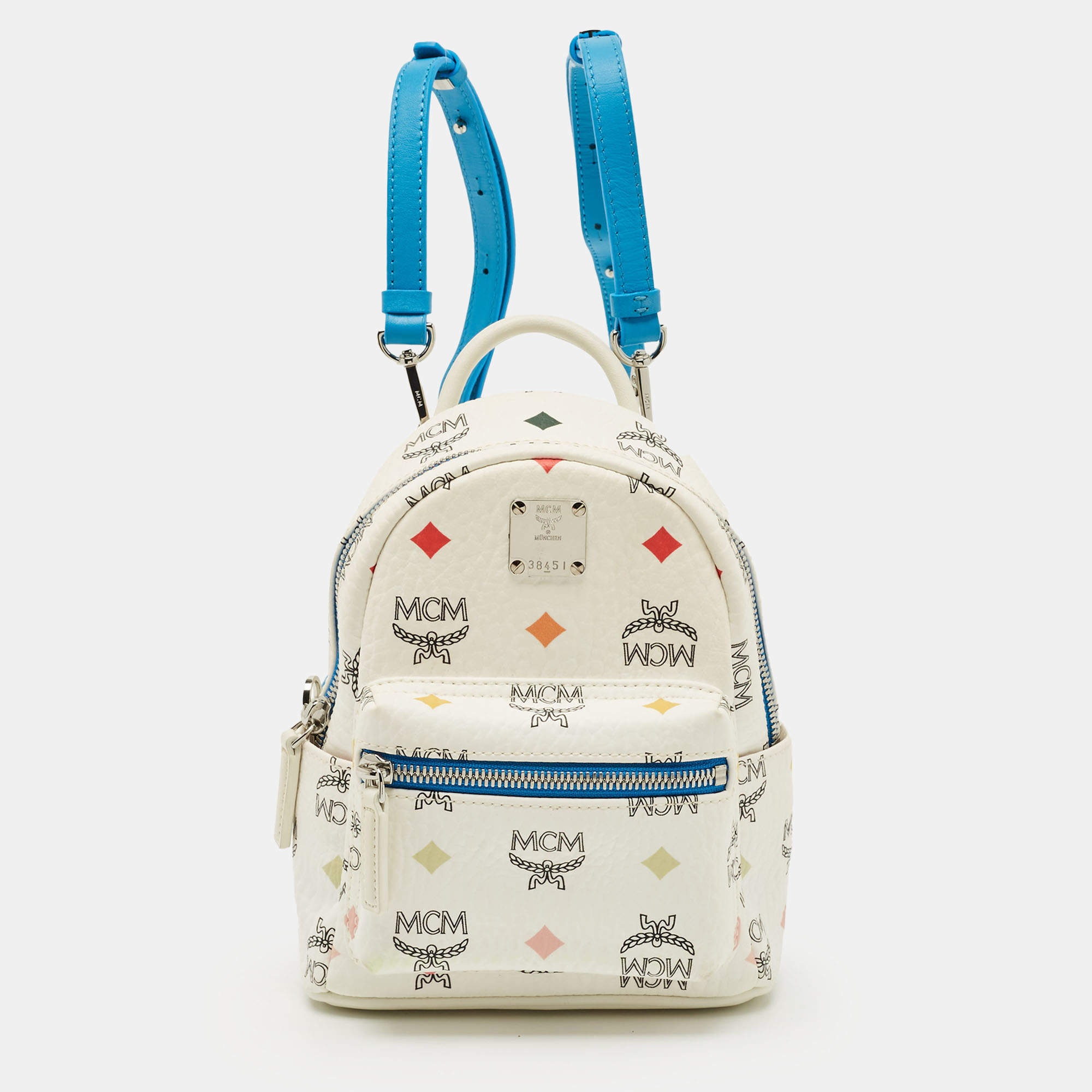 Pre Owned MCM Blue/White Visetos Coated Canvas and Leather Mini Stark Backpack