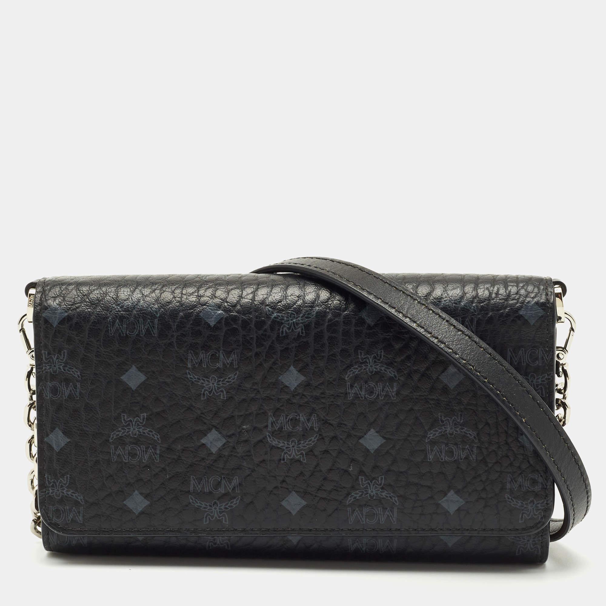 Pre Owned MCM Black Visetos Coated Canvas and Leather Trifold Wallet On Chain