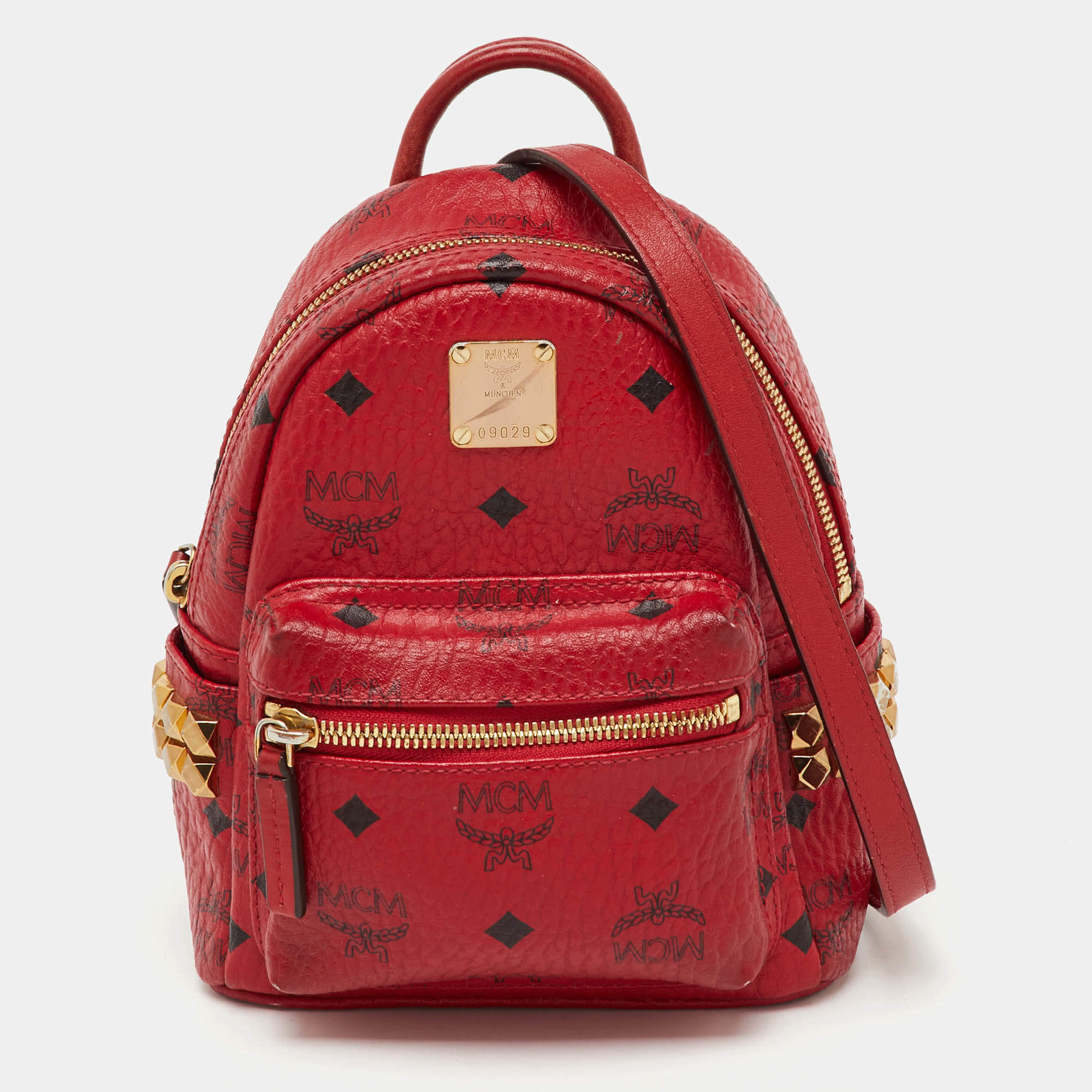 Pre Owned MCM Red Visetos Coated Canvas and Leather Side Stud X-Mini Stark Bebe Boo Backpack
