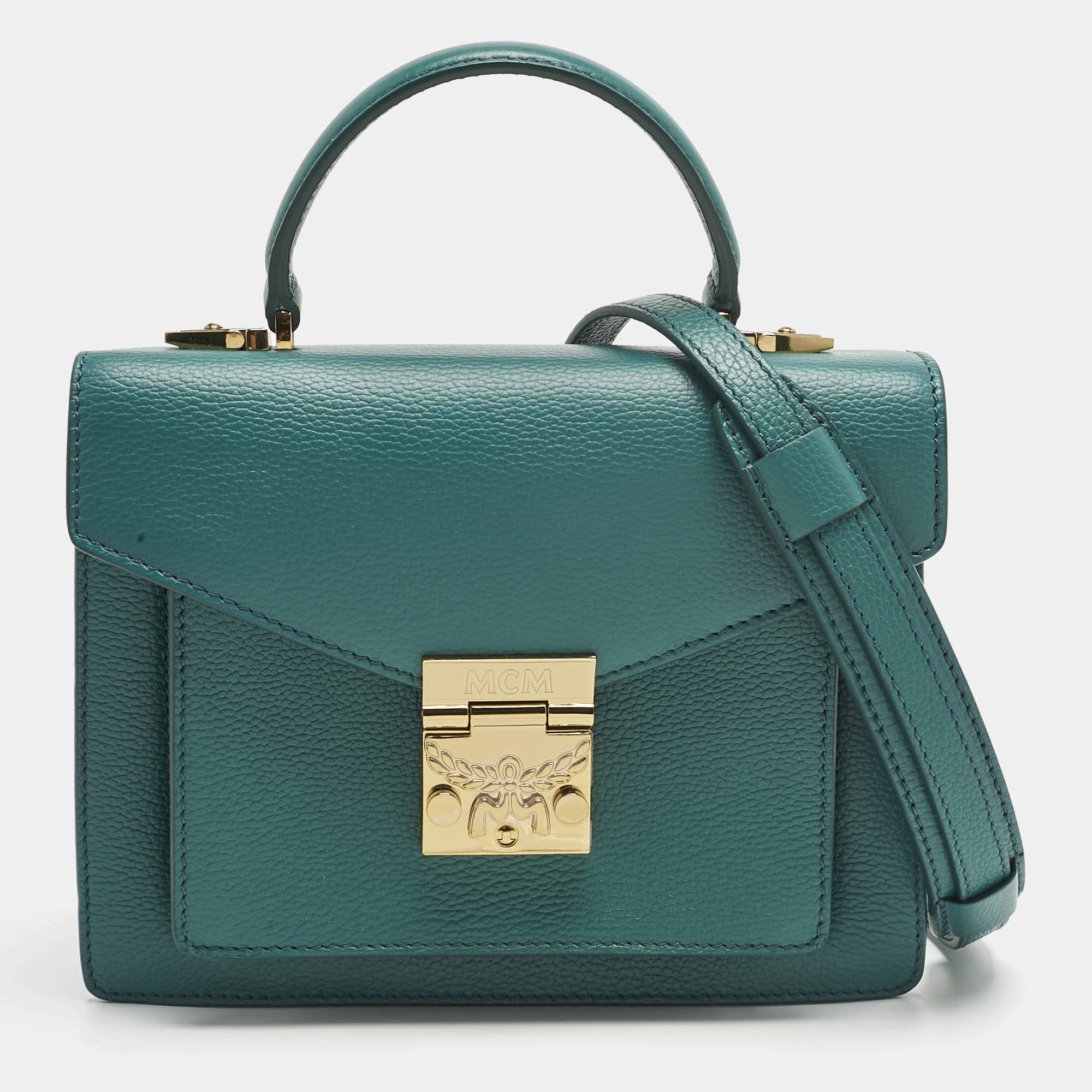 Pre Owned MCM Teal Green Leather Patricia Top Handle Bag