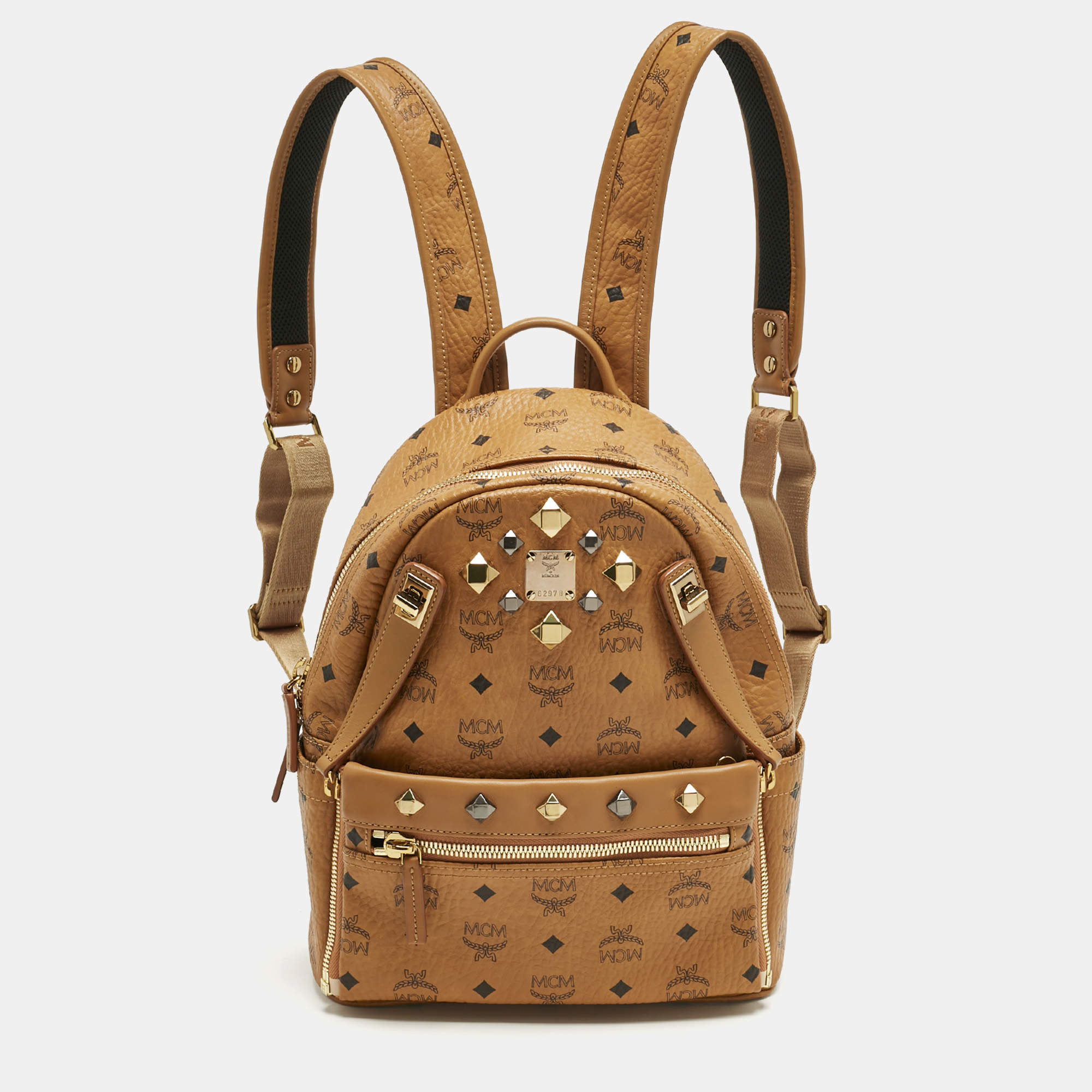 Pre Owned MCM Cognac Visetos Coated Canvas Small Studded Dual Stark Backpack