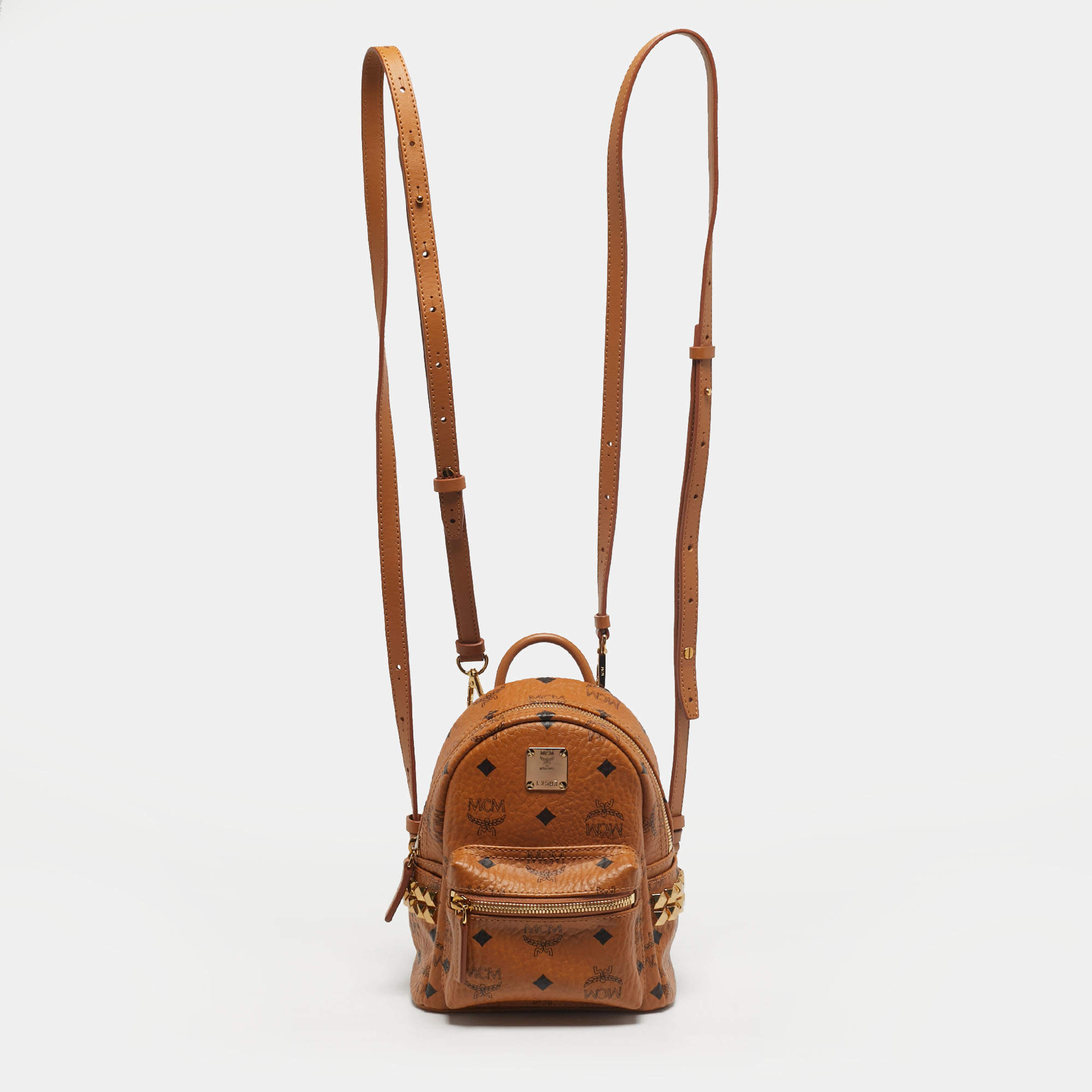 Pre Owned MCM Cognac Visetos Coated Canvas and Leather Mini Stark Studs Backpack