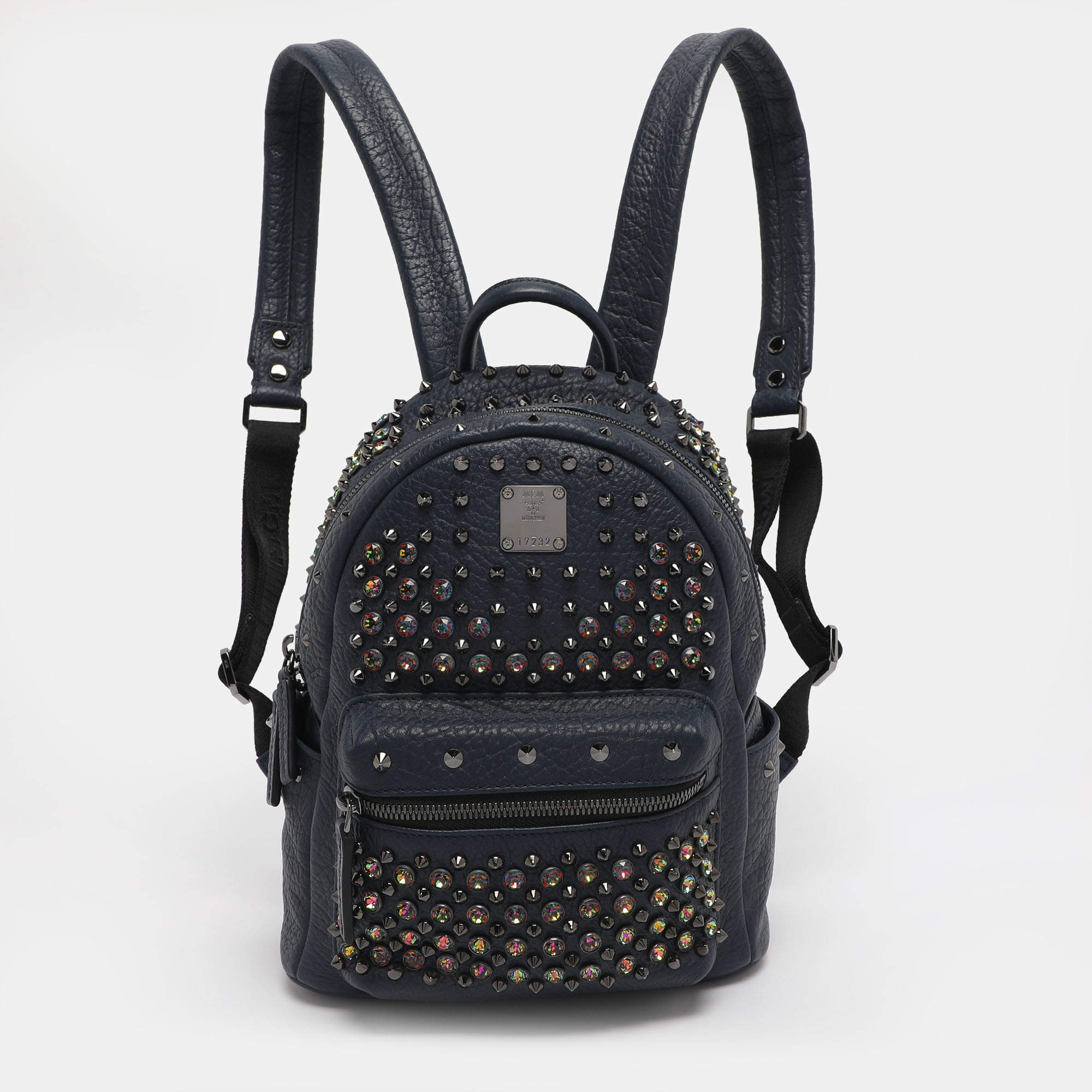 Pre Owned MCM Navy Blue Leather Diamond Studs Stark Backpack