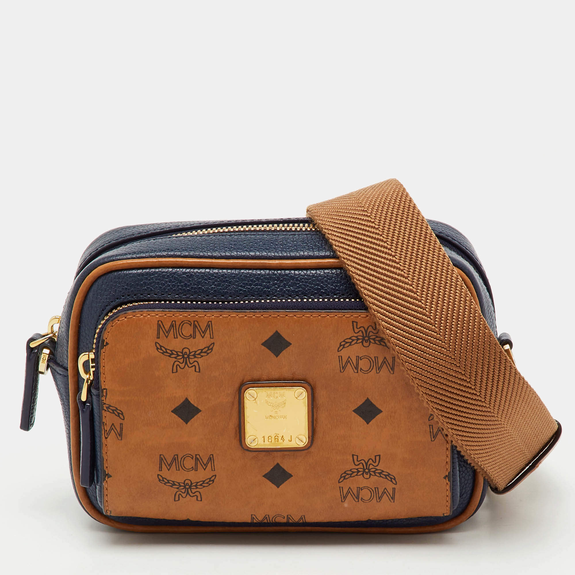 Pre Owned MCM Tan/Navy Blue Leather and Visetos Coated Canvas Small Klassik Crossbody Bag