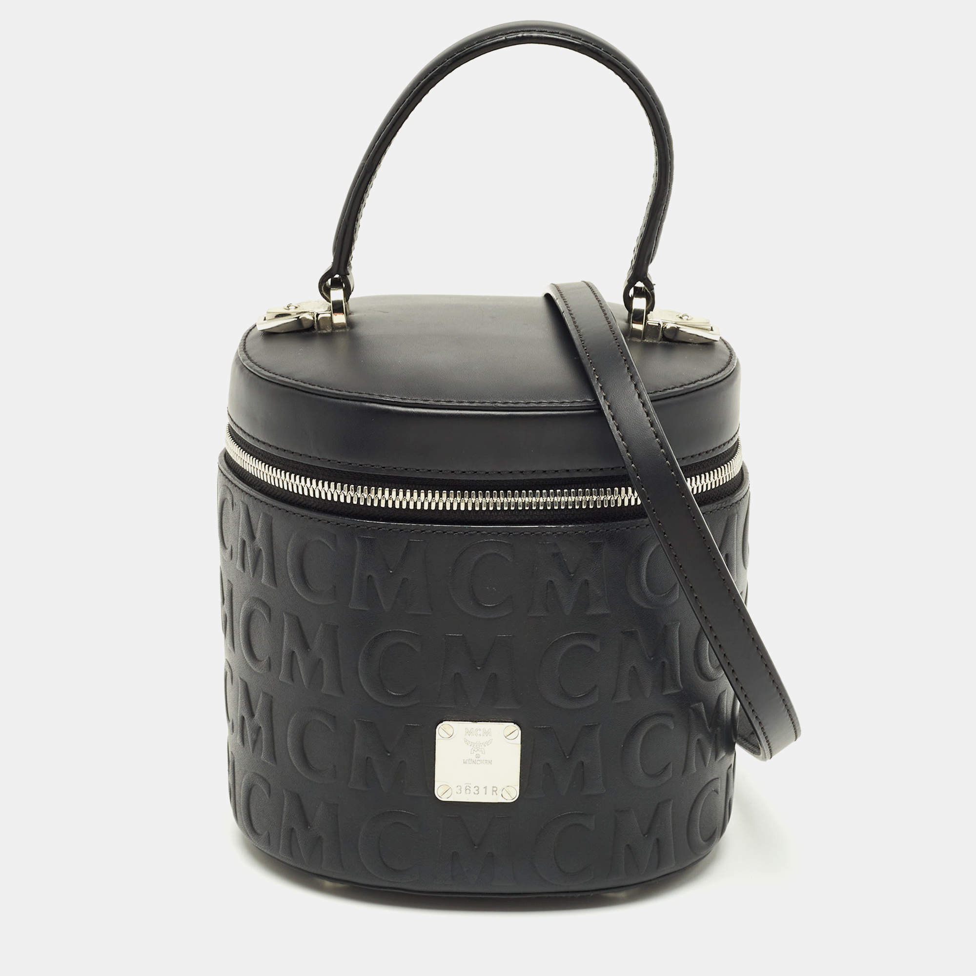 Pre Owned MCM Black Logo Embossed Leather Cylinder Bag