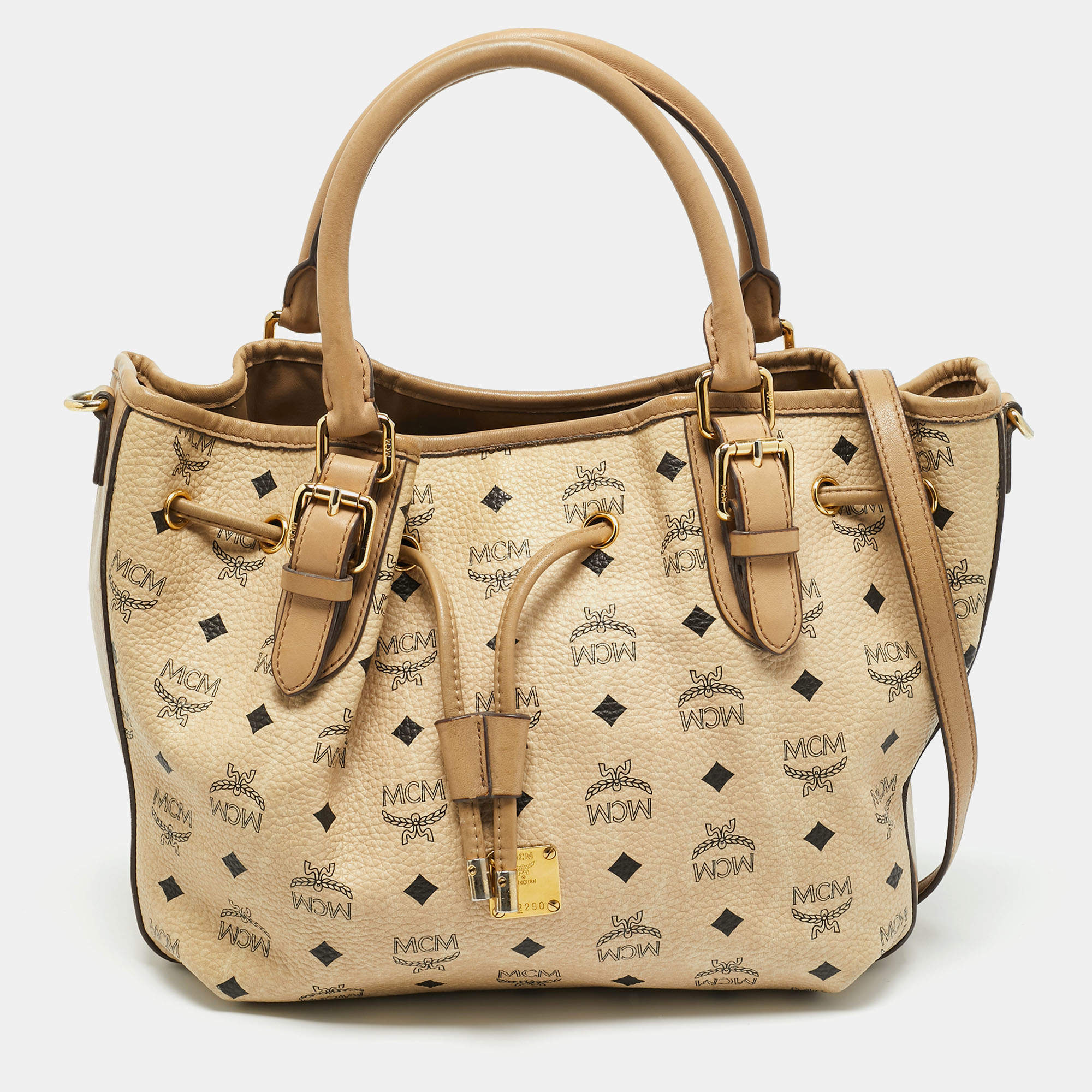 Pre Owned MCM Beige Visetos Coated Canvas Drawstring Tote