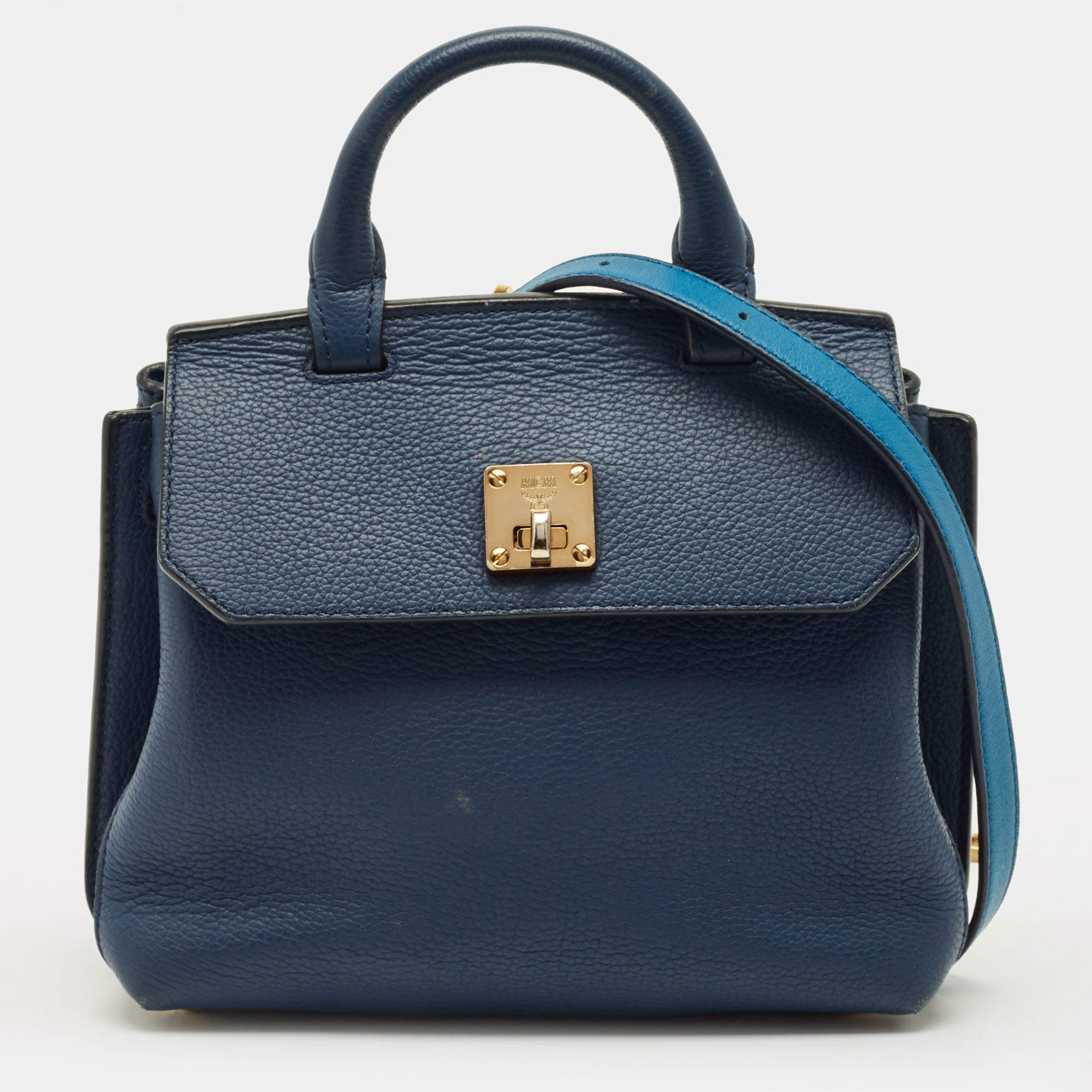 Pre Owned MCM Milla Flap Two Tone Blue Leather Top Handle Bag