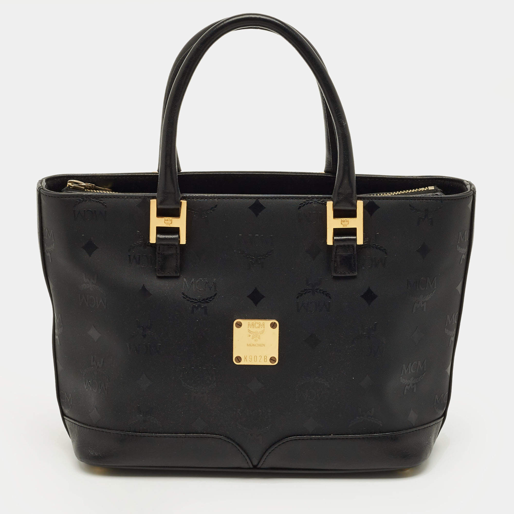 Pre Owned MCM Black Visetos Nylon Top Zip Tote