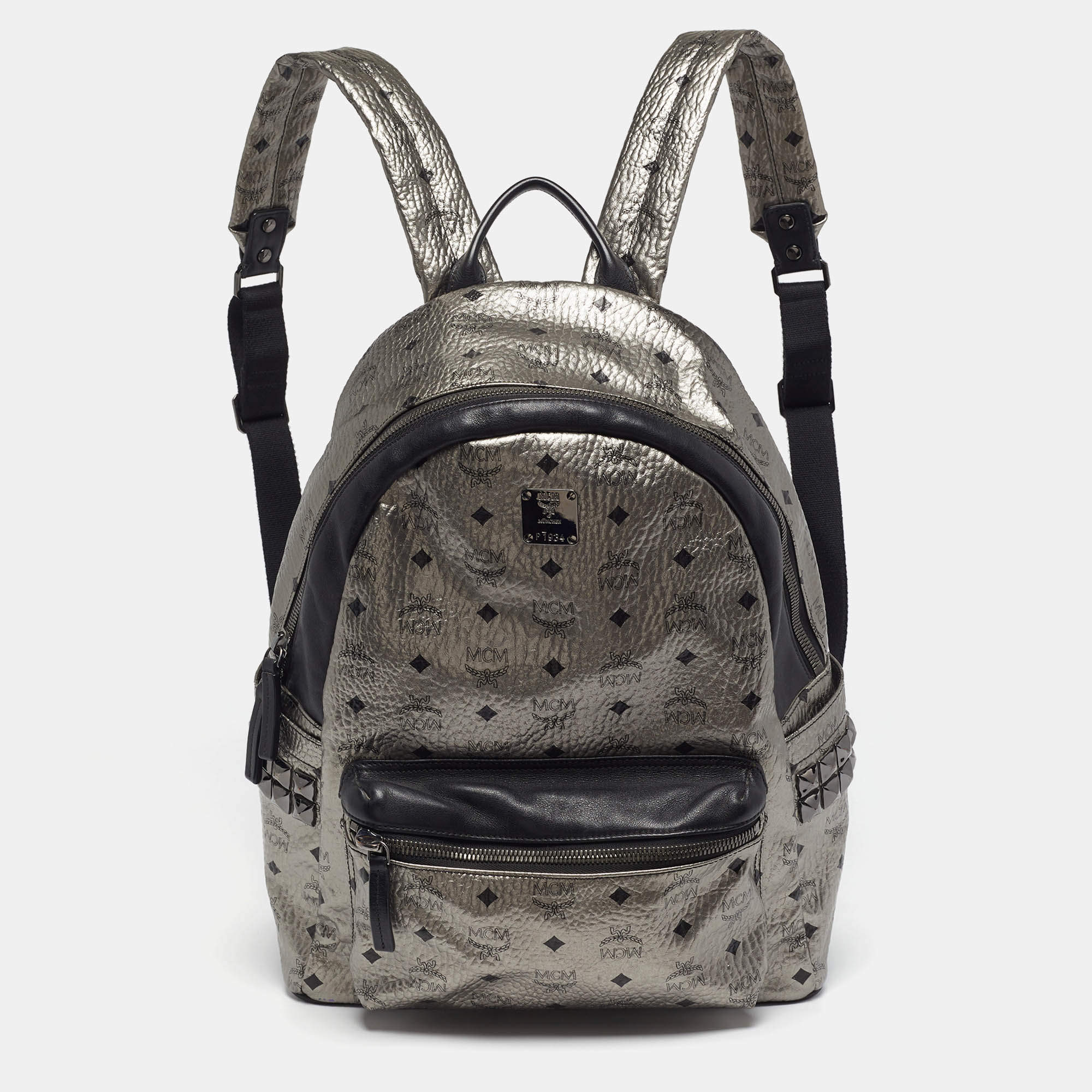 Pre Owned MCM Studs Stark Medium Silver/Black Visetos Coated Canvas Backpack