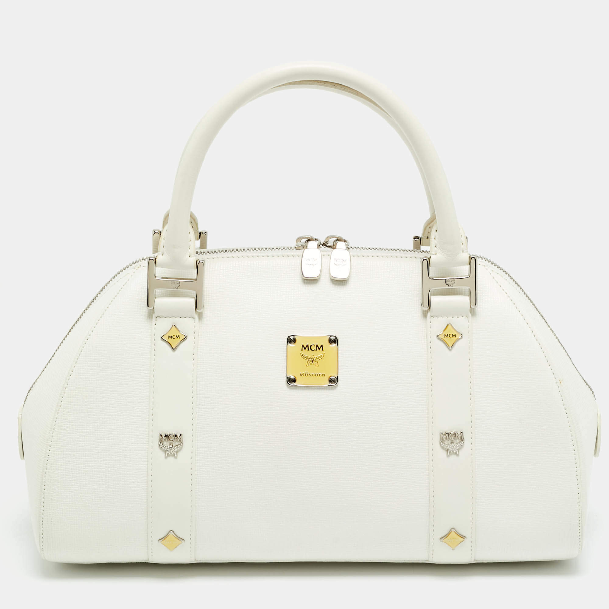 مملوكة مسبقًا MCM Enamel Logo White Leather Zip Satchel