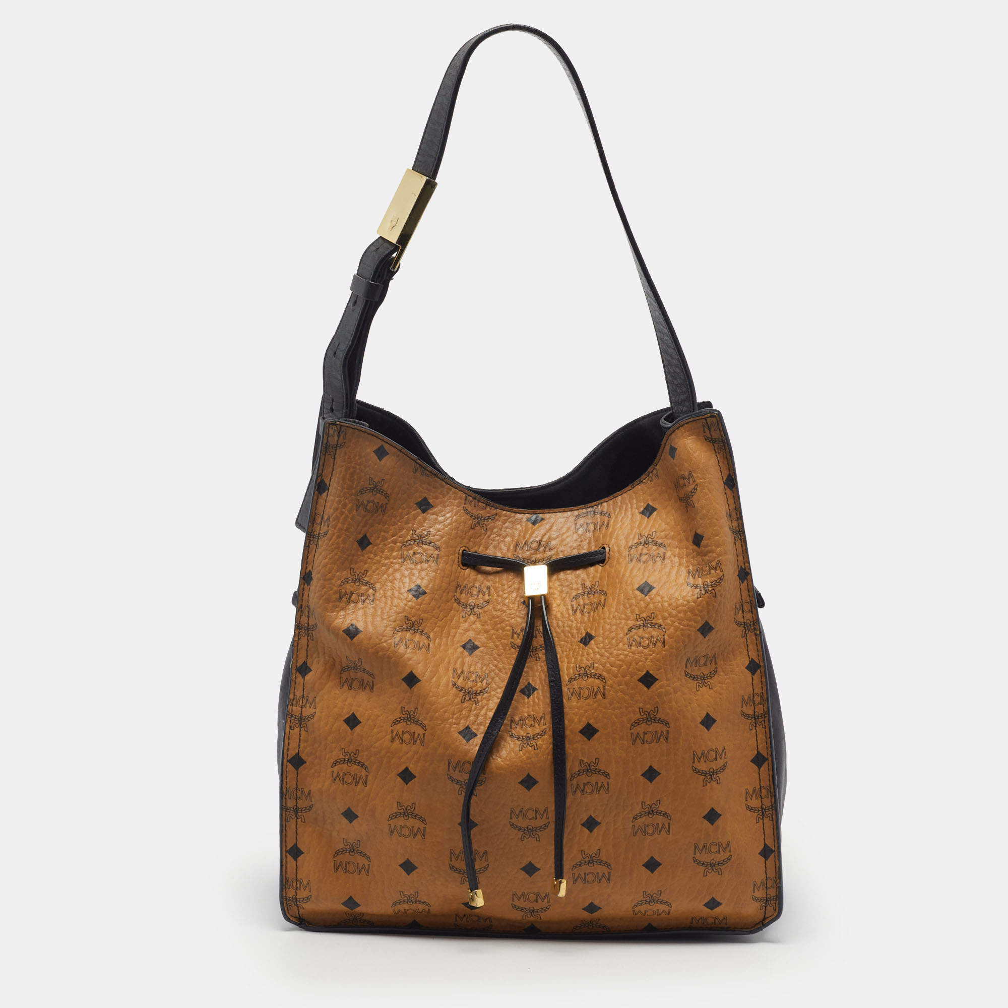 Pre Owned MCM Cognac/Black Visetos Coated Canvas and Leather Drawstring Shoulder Bag