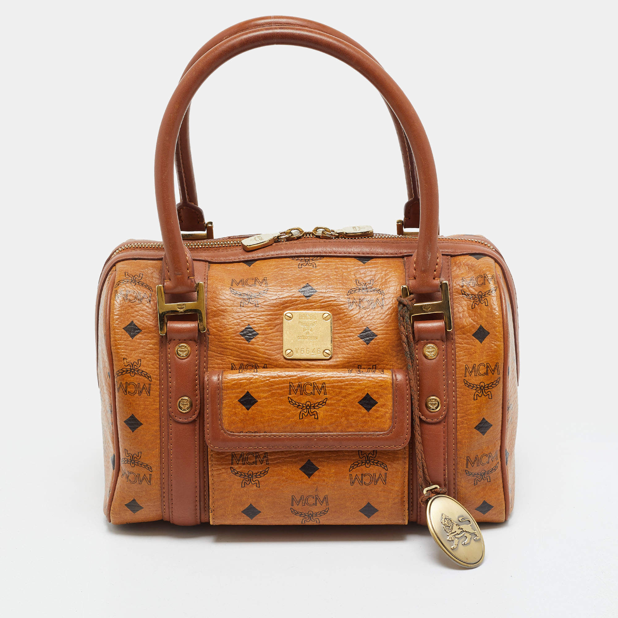 Pre Owned MCM Front Pocket Cognac Visetos Coated Canvas Boston Bag